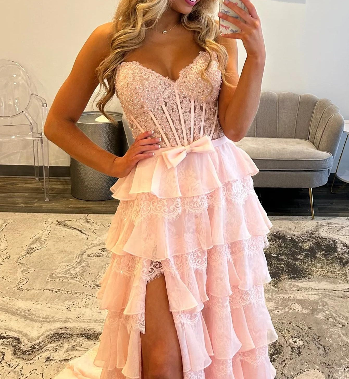 Sparkly Beading Bow Front Lace Up Bodice A-Line Long Prom Dress With Slit - Pink