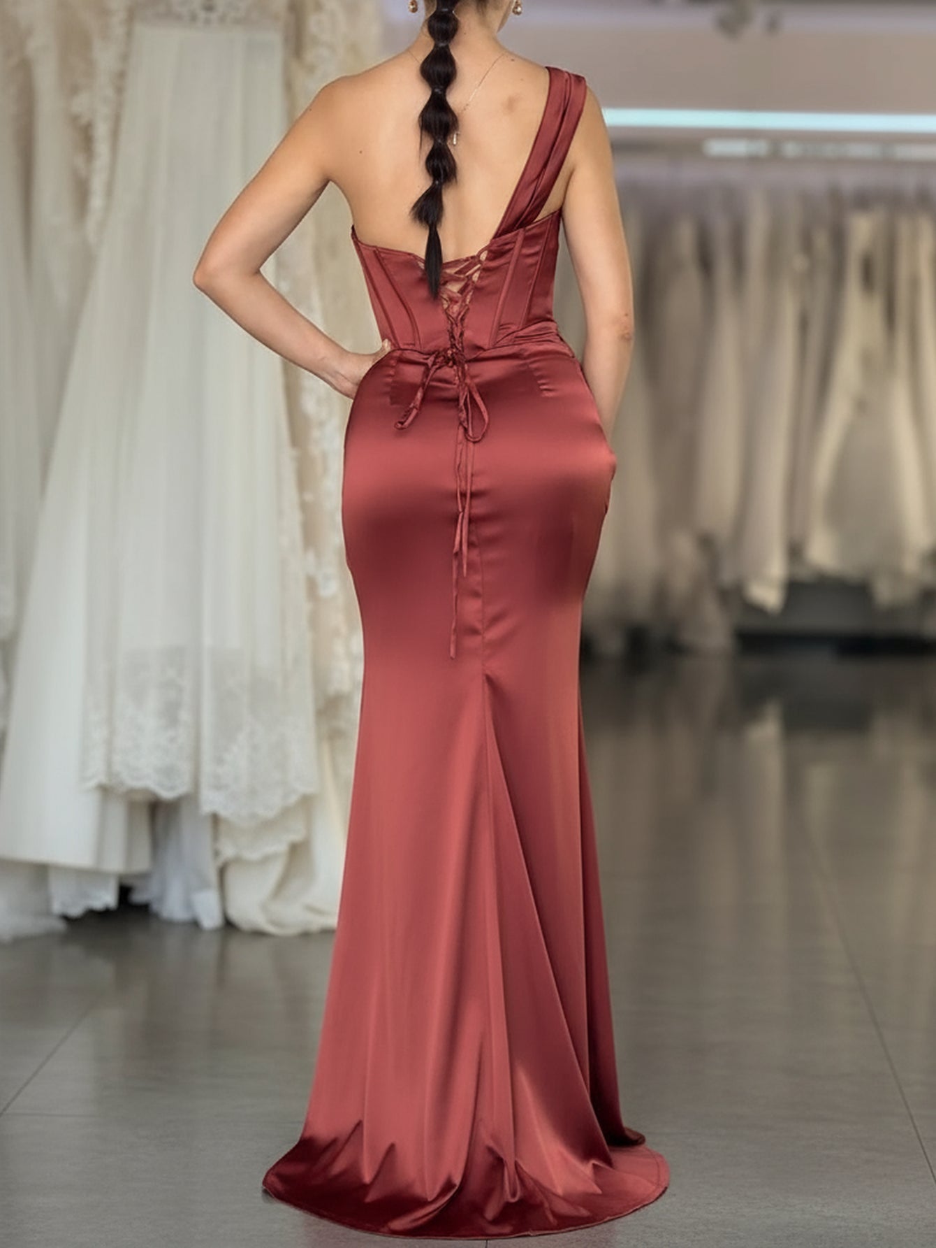 One Shoulder Ruched Bodice Long Mermaid Prom Dress With Slit - Rust