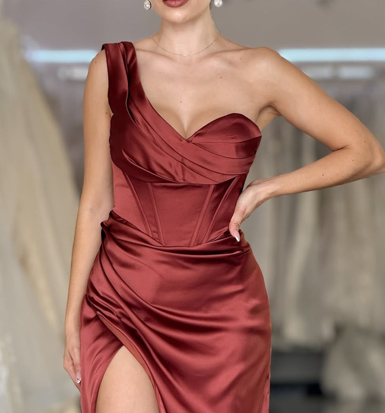 One Shoulder Ruched Bodice Long Mermaid Prom Dress With Slit - Rust
