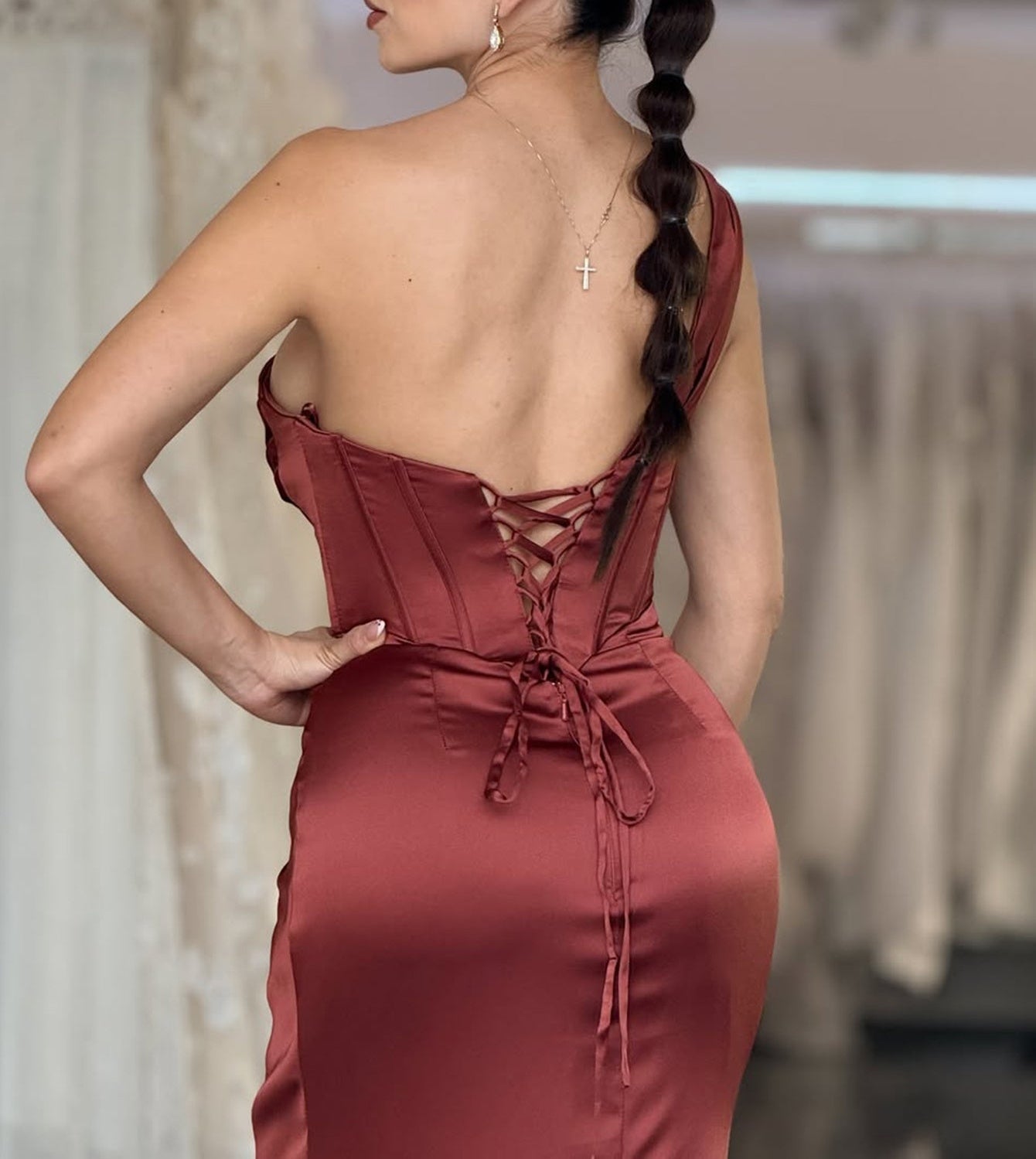 One Shoulder Ruched Bodice Long Mermaid Prom Dress With Slit - Rust