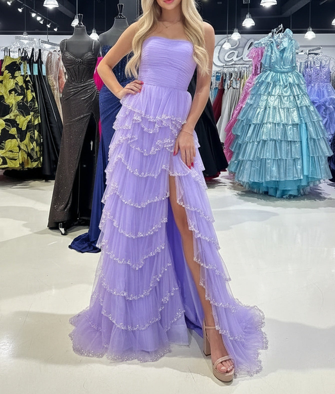 Strapless Pleated A-Line Bodice Long Prom Dress With Slit - Lilac