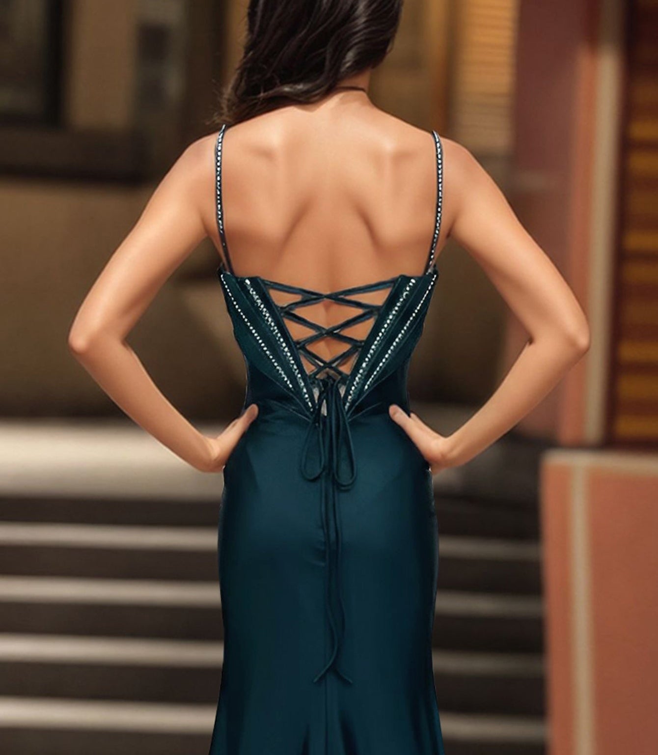 Luxury Crystal Illusion Mermaid Long Prom Dress - Peacock Blue