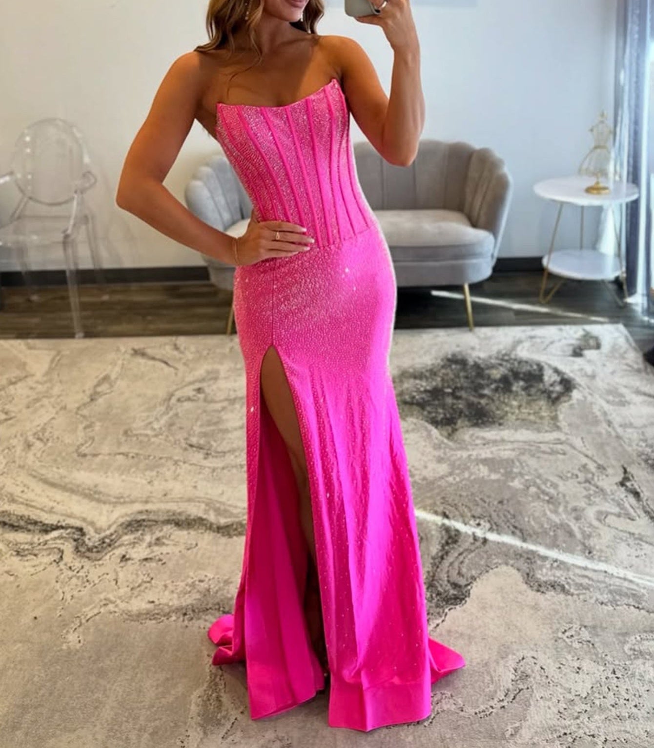 Strapless Sparkly Beading Bodice Long Mermaid Prom Dress With Slit - Hot Pink