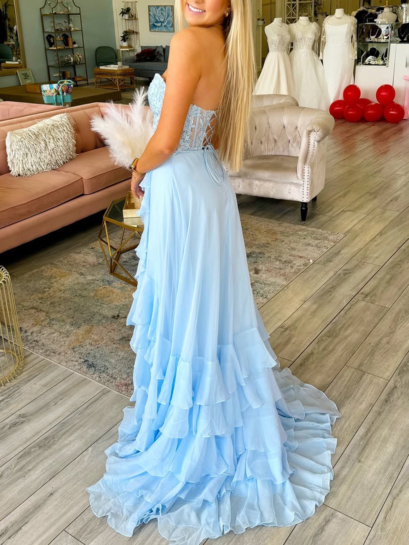 Sparkly Strapless Beading Embroidery Lace Up Illusion Bodice Ball Gown Prom Dress - Baby Blue