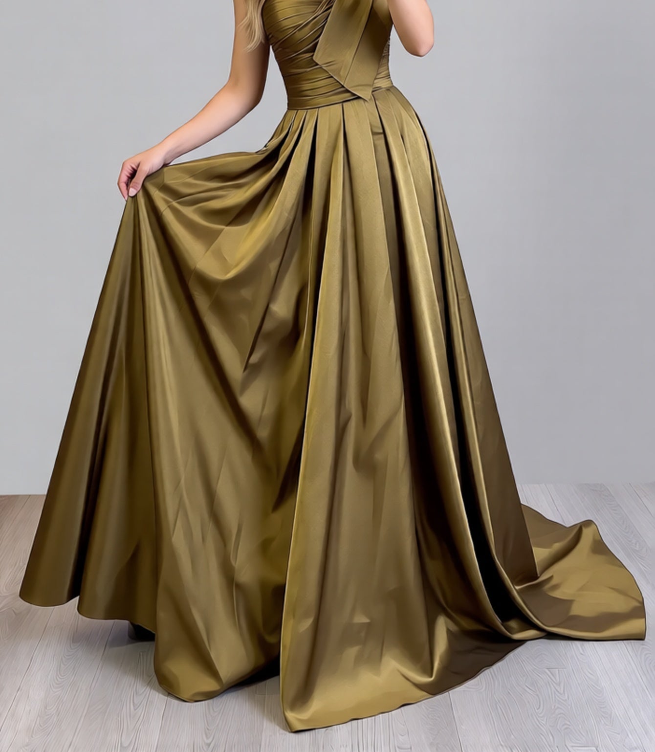 One Shoulder Ruched Big Bow Bodice Ball Gown Prom Dress - Olive Green
