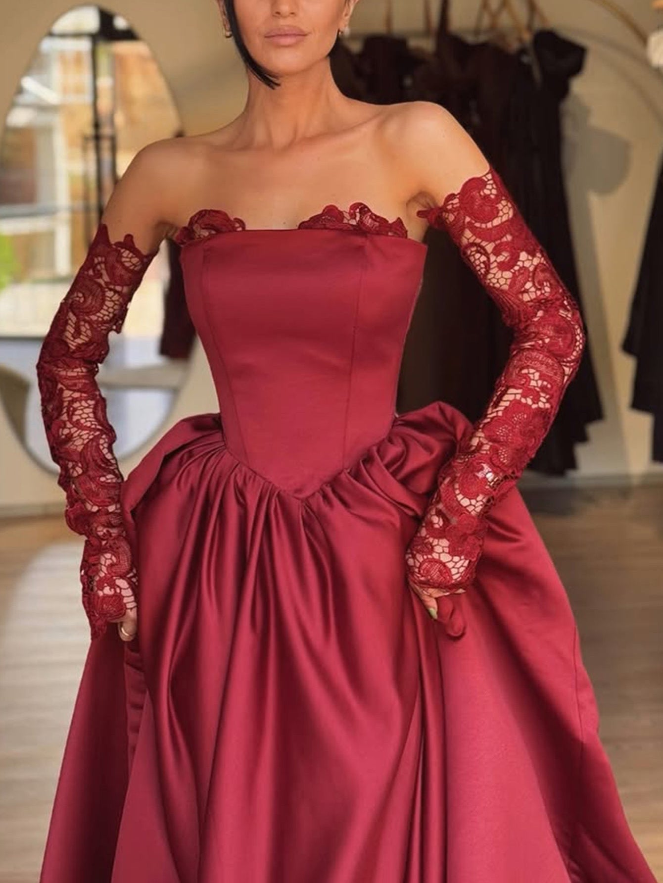 Strapless Lace Up Bodice Ball Gown Prom Dress With Detachable Sleeves - Red