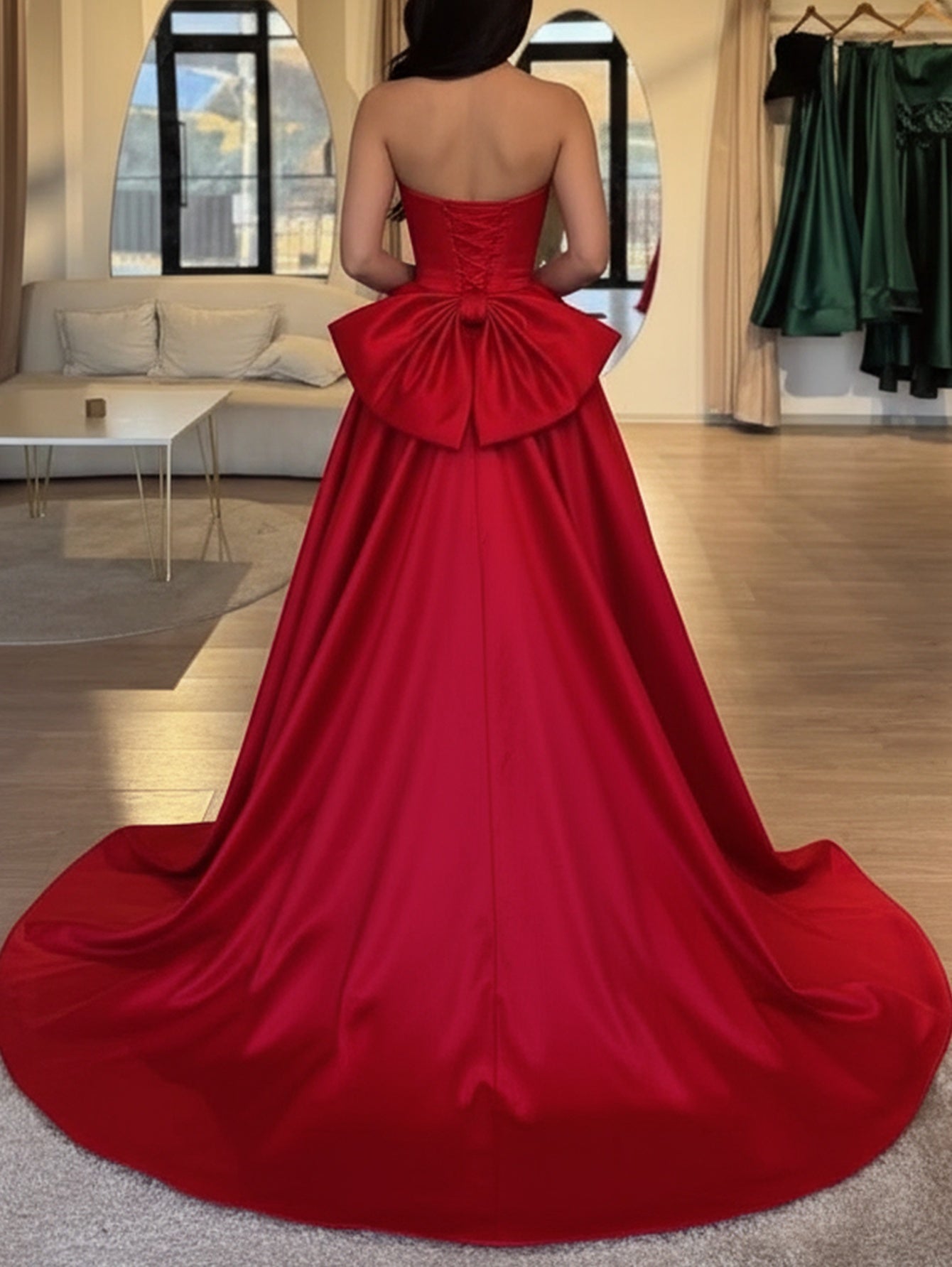 Strapless Lace Up Big Bow Bodice Ball Gown Prom Dress - Red