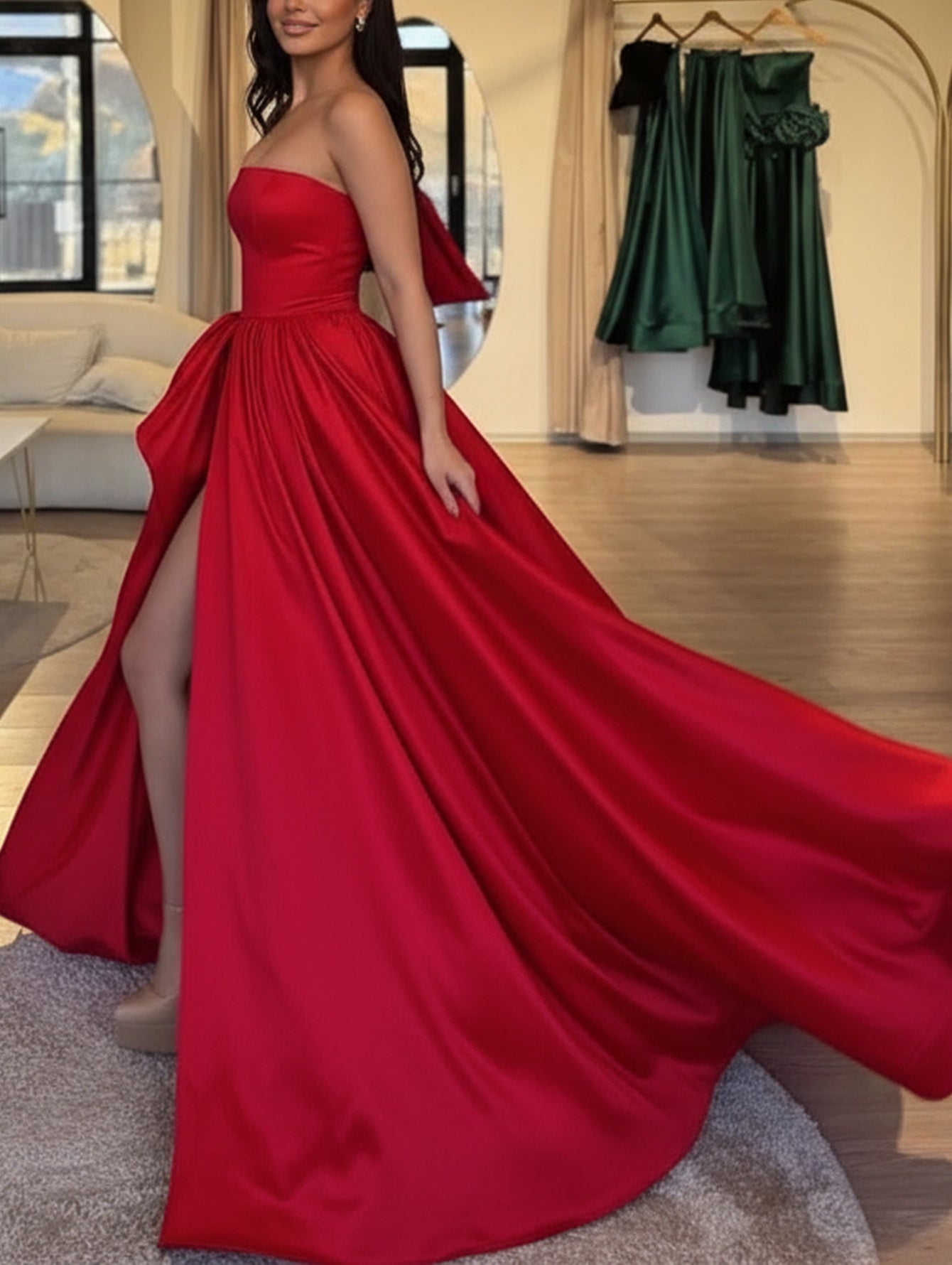 Strapless Lace Up Big Bow Bodice Ball Gown Prom Dress - Red