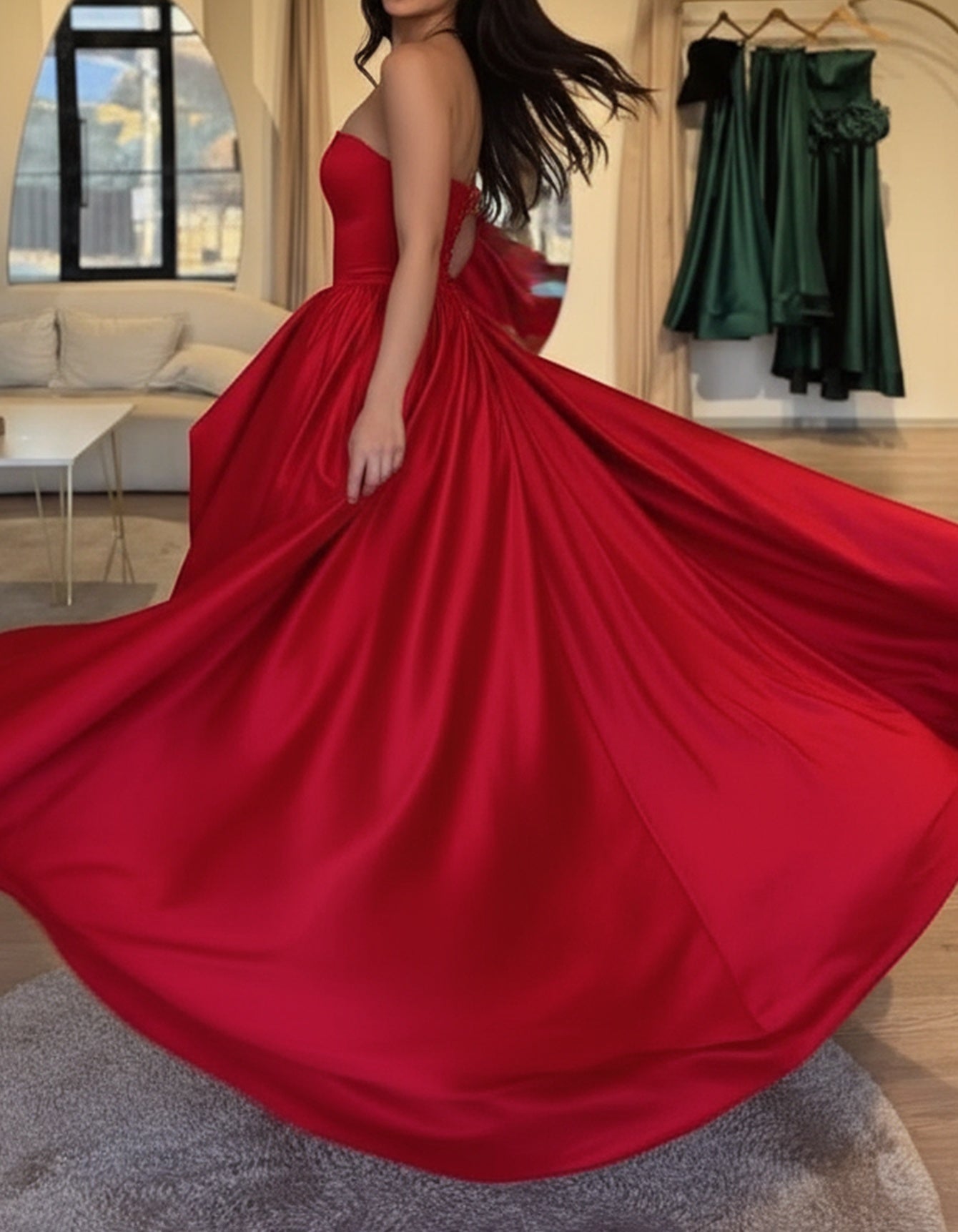 Strapless Lace Up Big Bow Bodice Ball Gown Prom Dress - Red