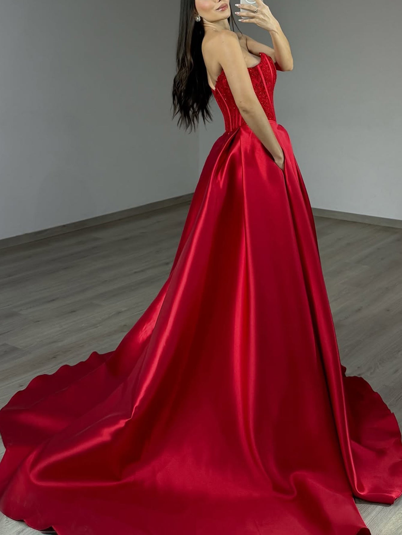 Embroidery Strapless Hand Beading Bodice Ball Gown Prom Dress - Red