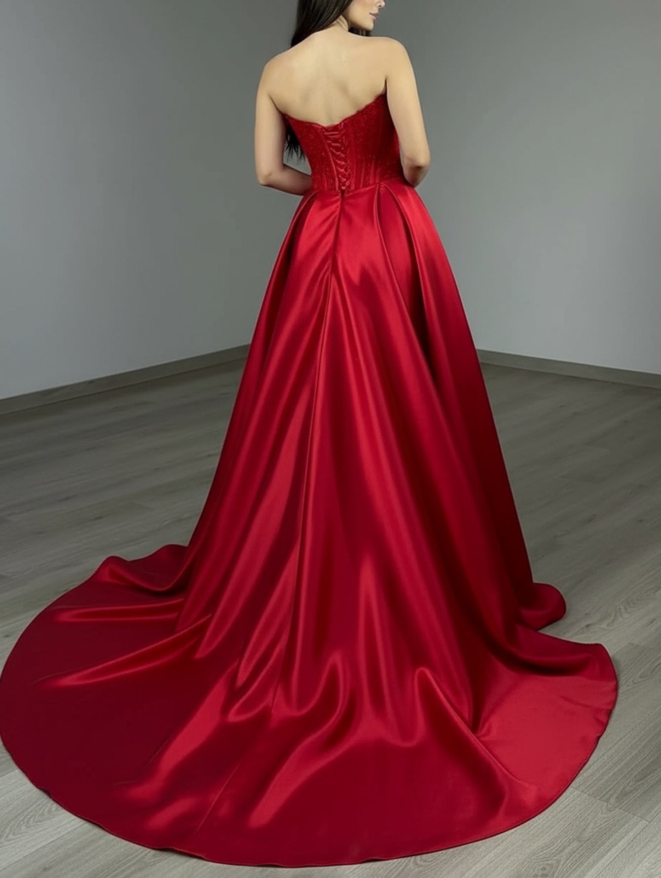Embroidery Strapless Hand Beading Bodice Ball Gown Prom Dress - Red