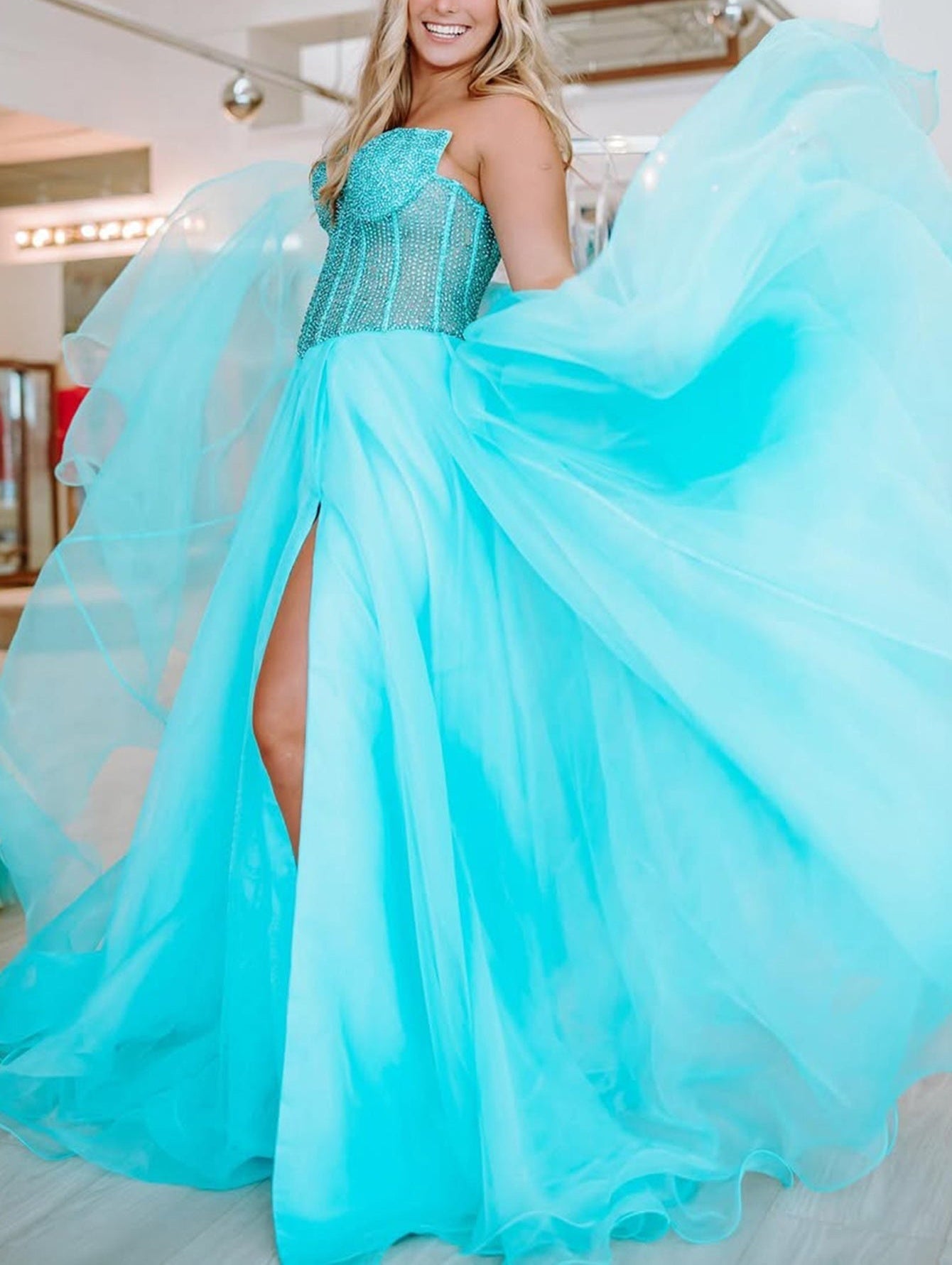 Strapless Hand Beading Bodice Ball Gown Prom Dress With Slit - Blue