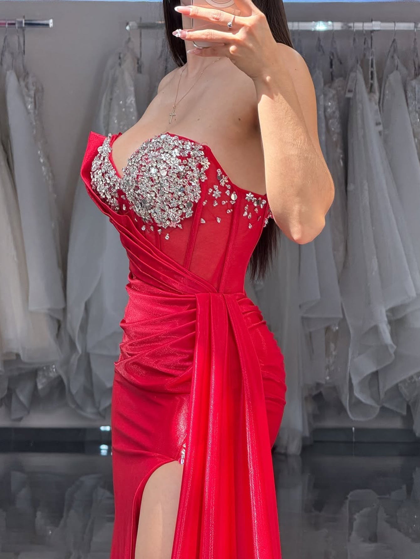 Strapless Lace Up Beading Bodice Ruched Mermaid Prom Dress With Drop - Red