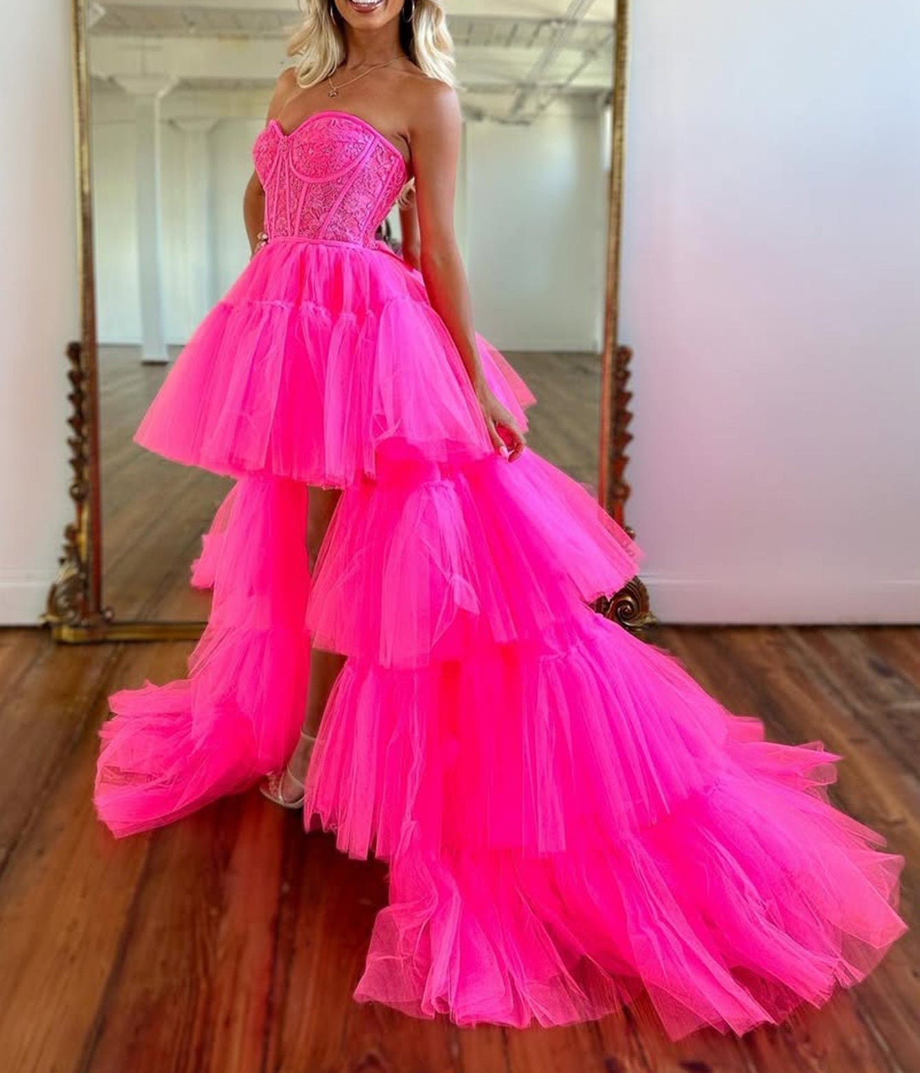 Strapless Lace Up Bodice High-Low Prom Dress With Ruffled Hem - Hot Pink
