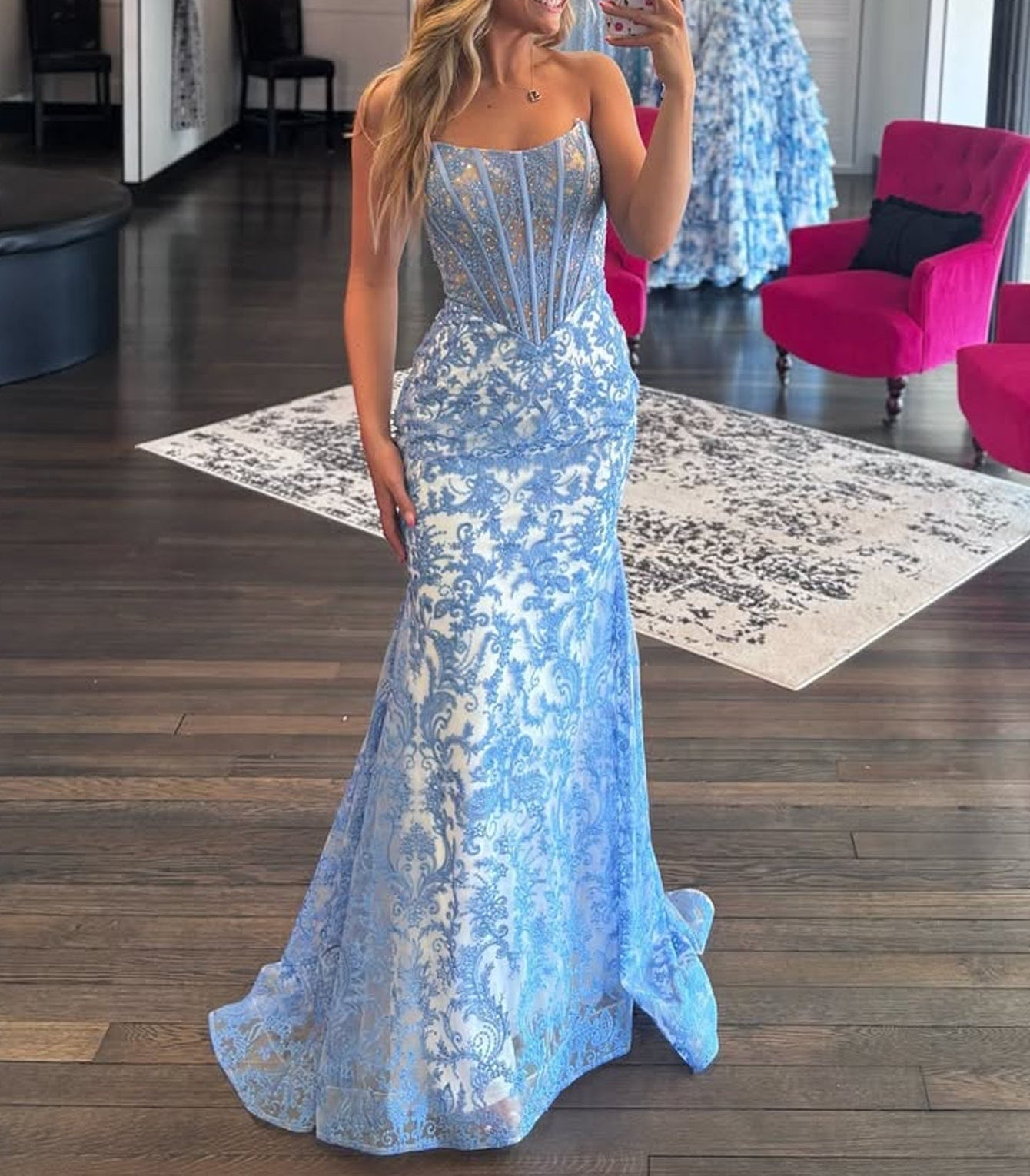 Strapless Illusion Beading Embroidery Bodice Mermaid Prom Dress - Blue