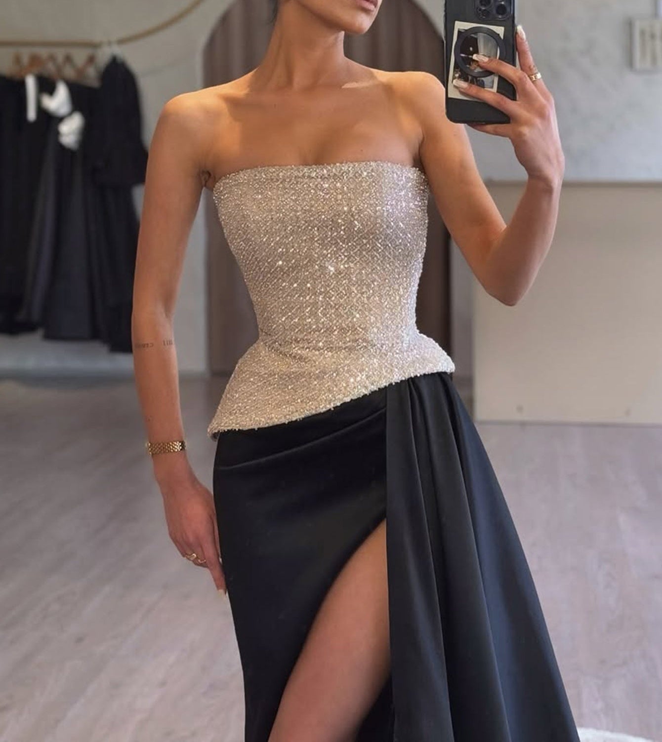 Sparkly Two Pieces Strapless Bodice Mermaid Prom Dress With Drop - Black