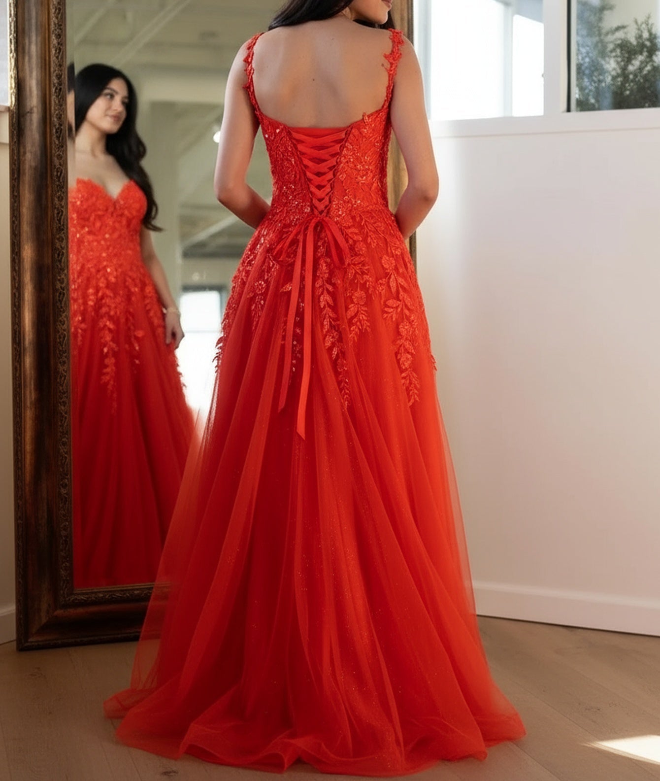 Lace Up V-Neck Beading Floral Embroidery Bodice Ball Gown Prom Dress With Slit - Orange