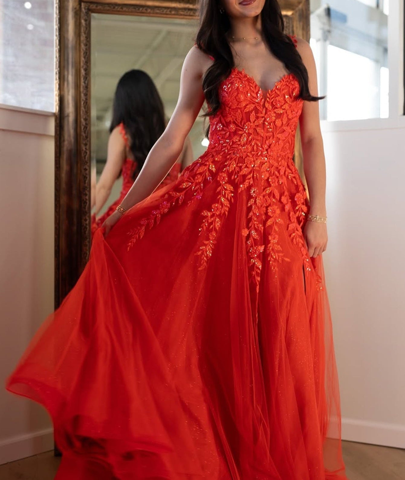 Lace Up V-Neck Beading Floral Embroidery Bodice Ball Gown Prom Dress With Slit - Orange