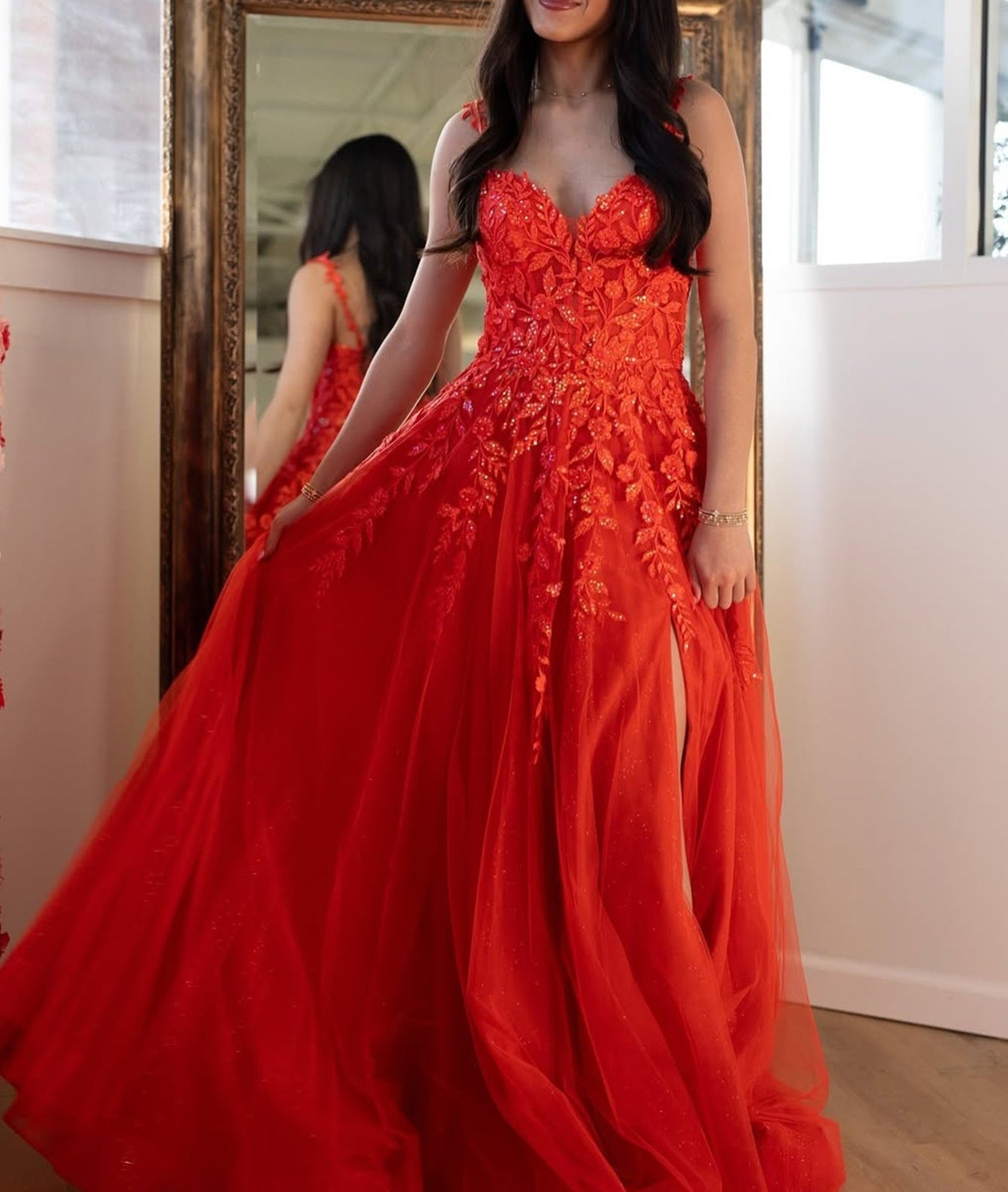 Lace Up V-Neck Beading Floral Embroidery Bodice Ball Gown Prom Dress With Slit - Orange