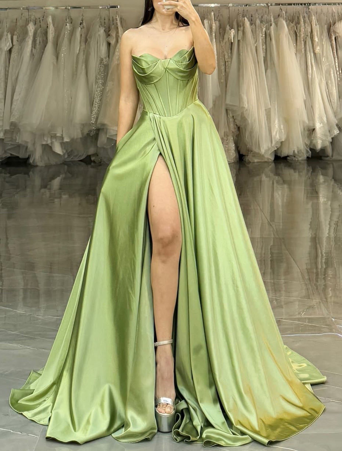 Strapless Bodice Split Prom Dress With Pocket - Sage Green