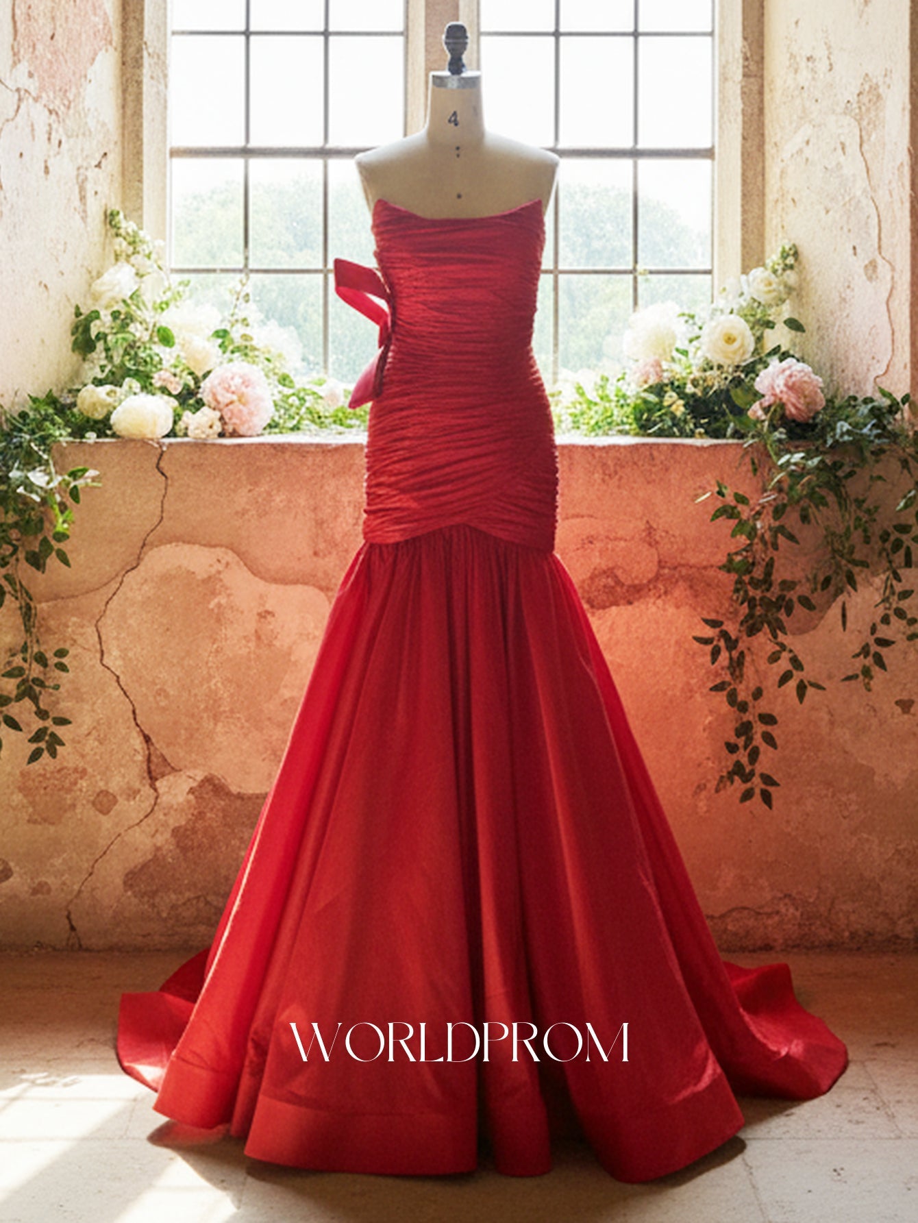 Strapless Ruched Bow Back Bodice Ball Gown Prom Dress - Red