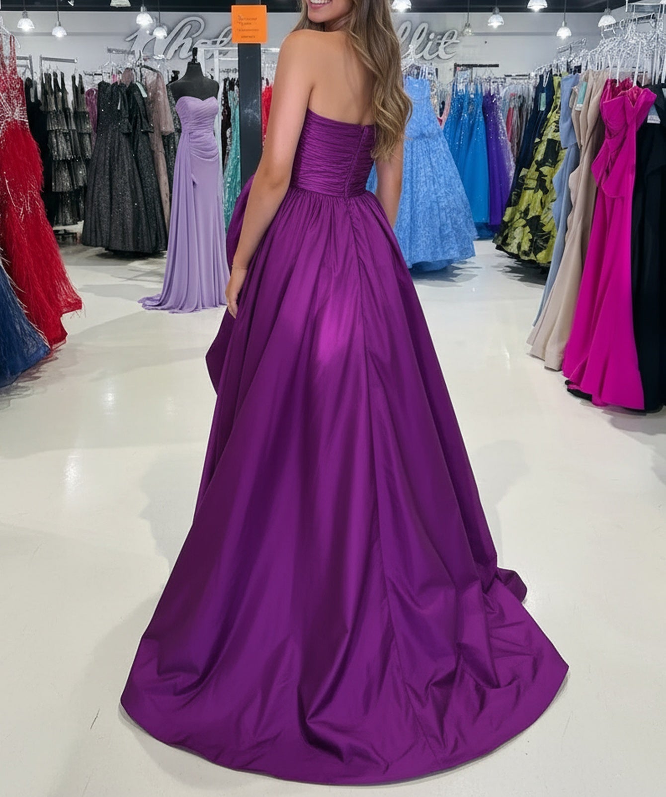 Strapless 3D Flower Ruched Bodice Ball Gown Prom Dress With Slit - Purple