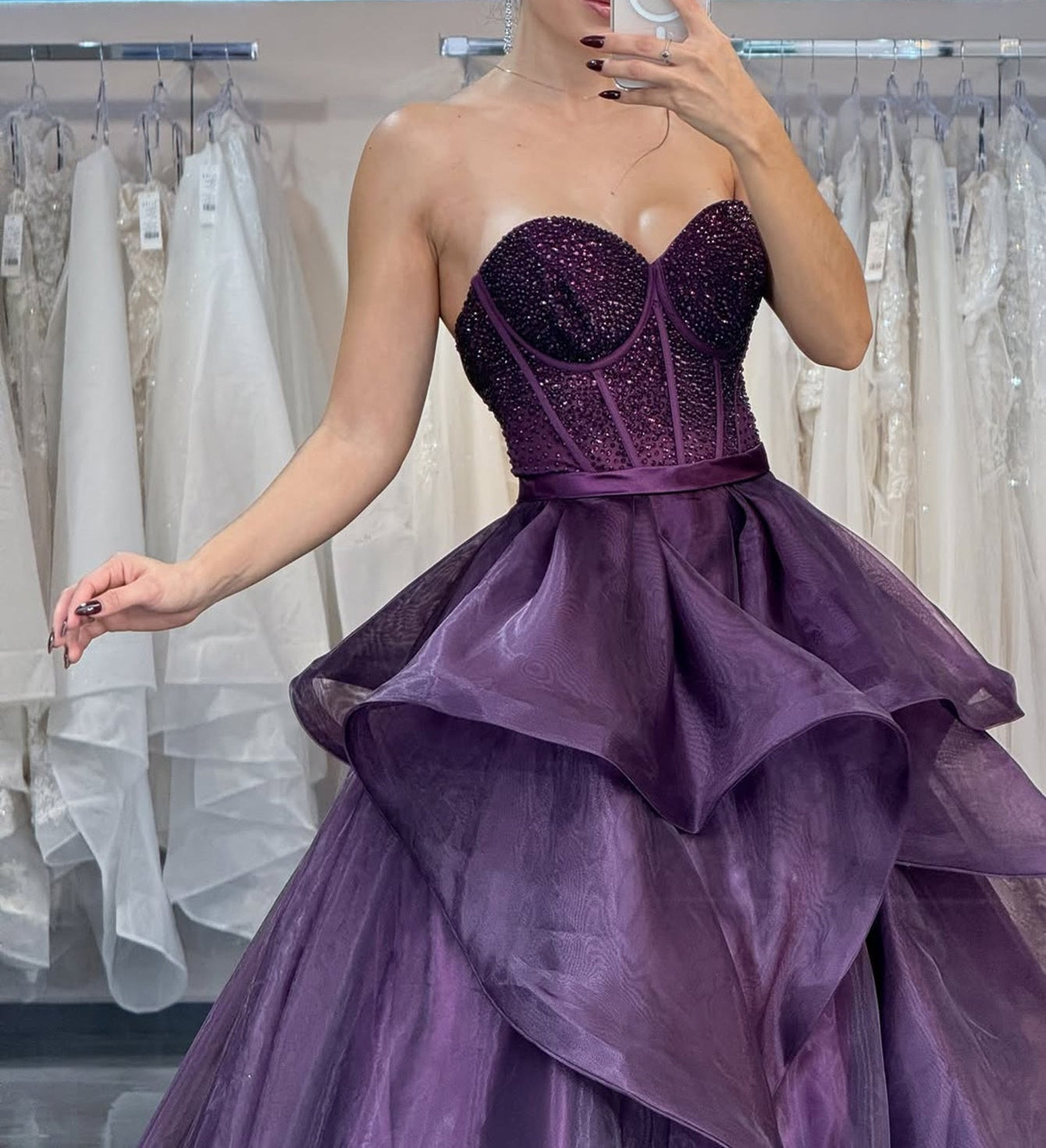 Strapless Beading Lace Up Layered Bodice Ball Gown Prom Dress - Purple