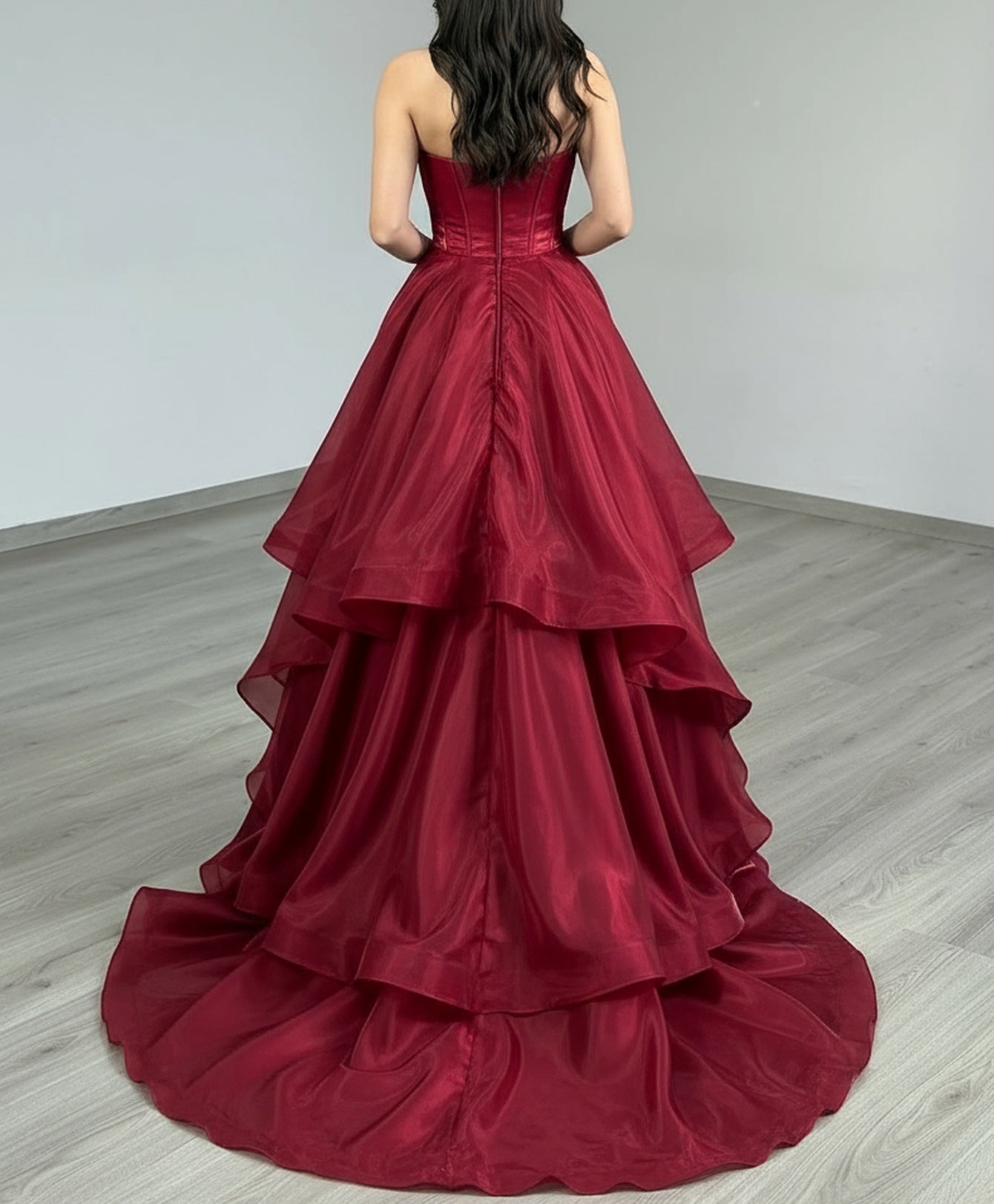 Strapless Layered Ruched Bodice Ball Gown Prom Dress - Burgundy
