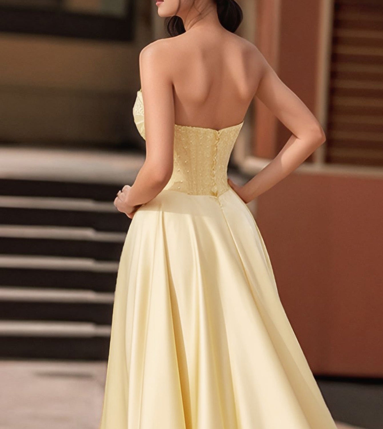 Strapless Beading Illusion Ruched Bodice Mermaid Prom Dress - Yellow