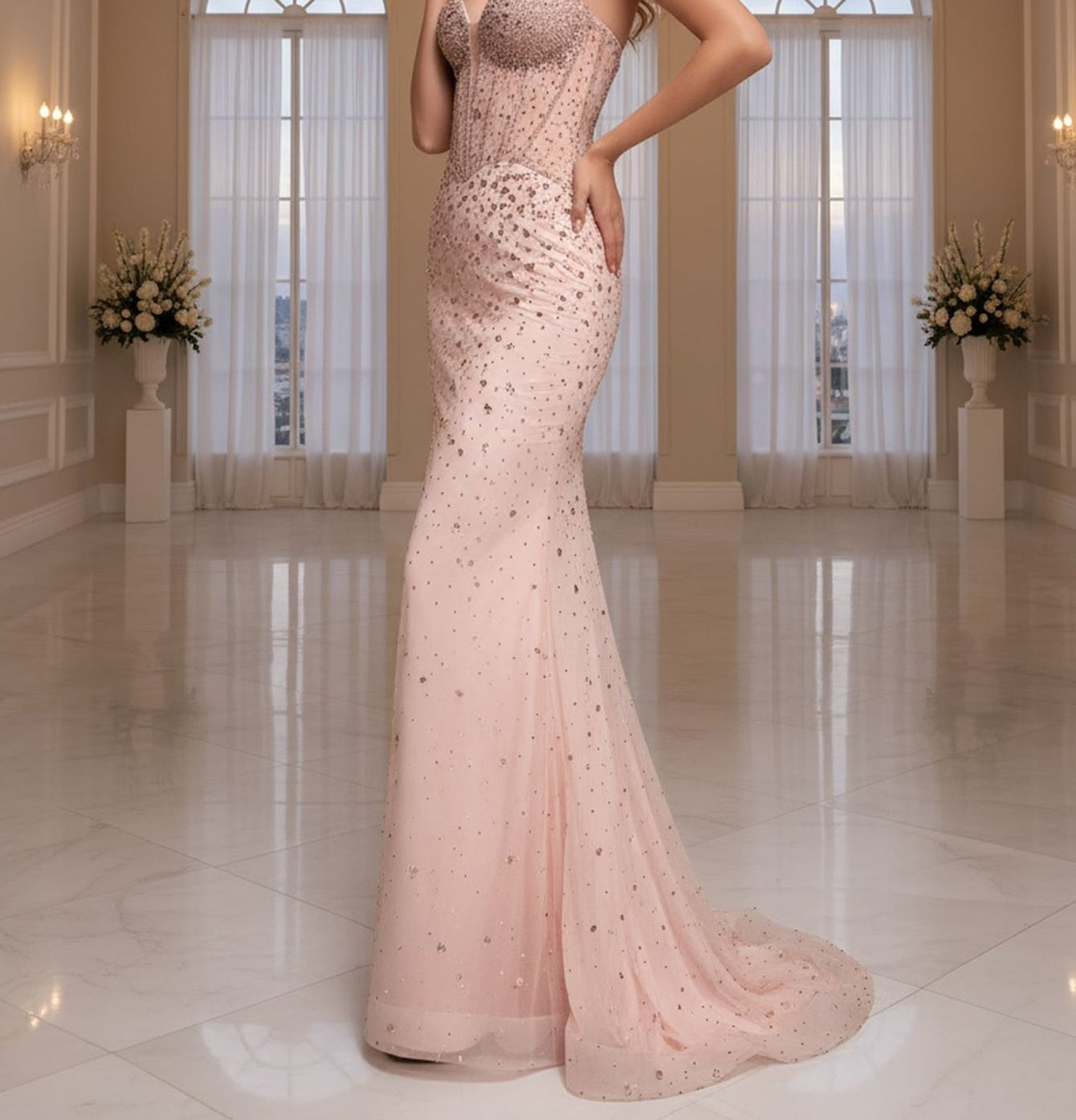 Sparkly Strapless Hand Beading Lace Up Bodice Mermaid Prom Dress - Champagne