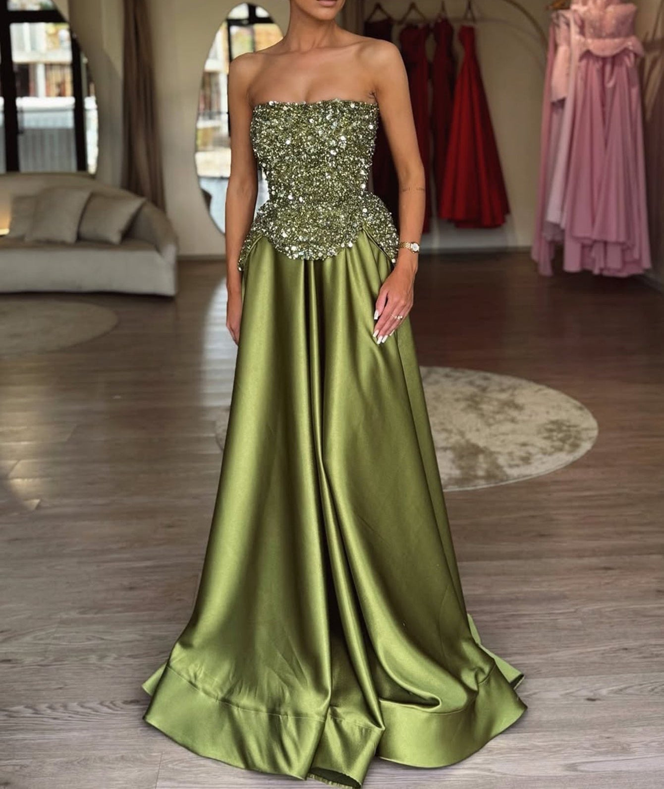 Luxury Two-Piece Sequin Top Satin Skirt Long Prom Dress - Olive Green