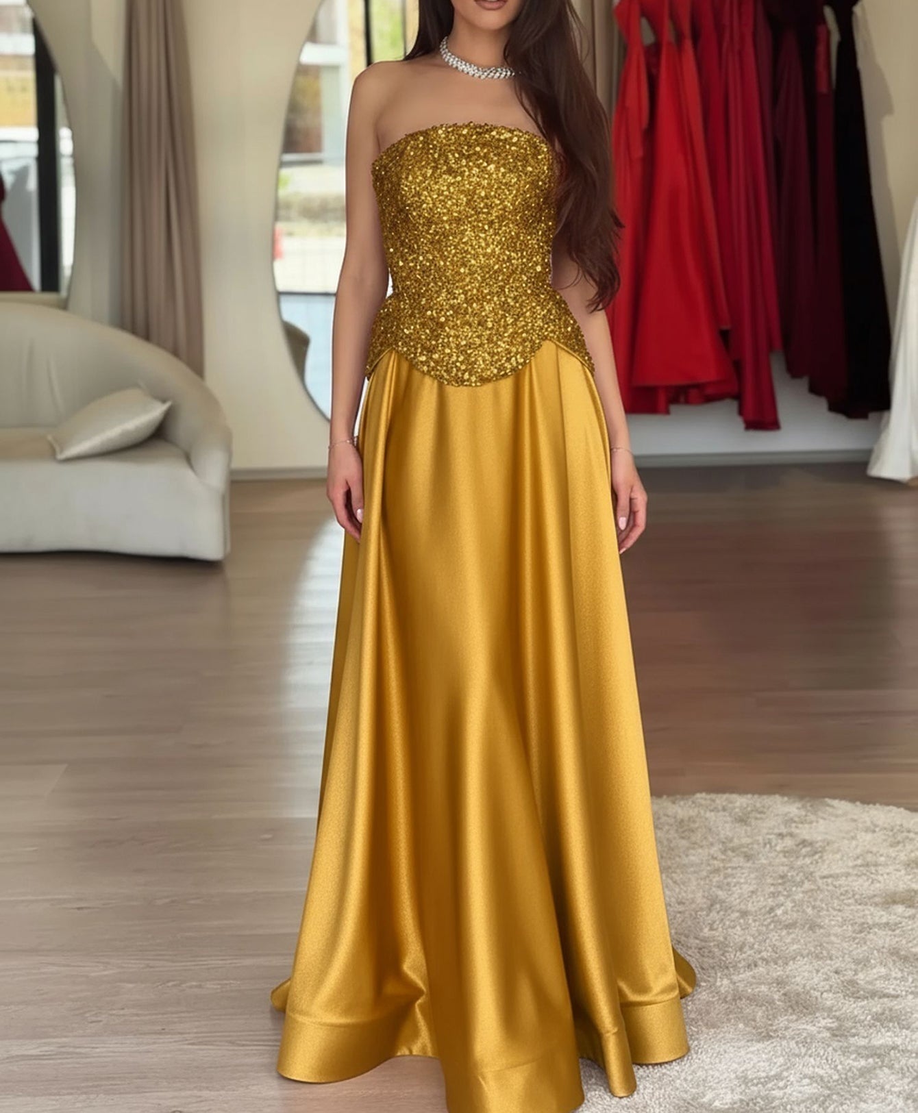 Crystal Two Pieces A-Line Strapless Long Prom Dress - Gold