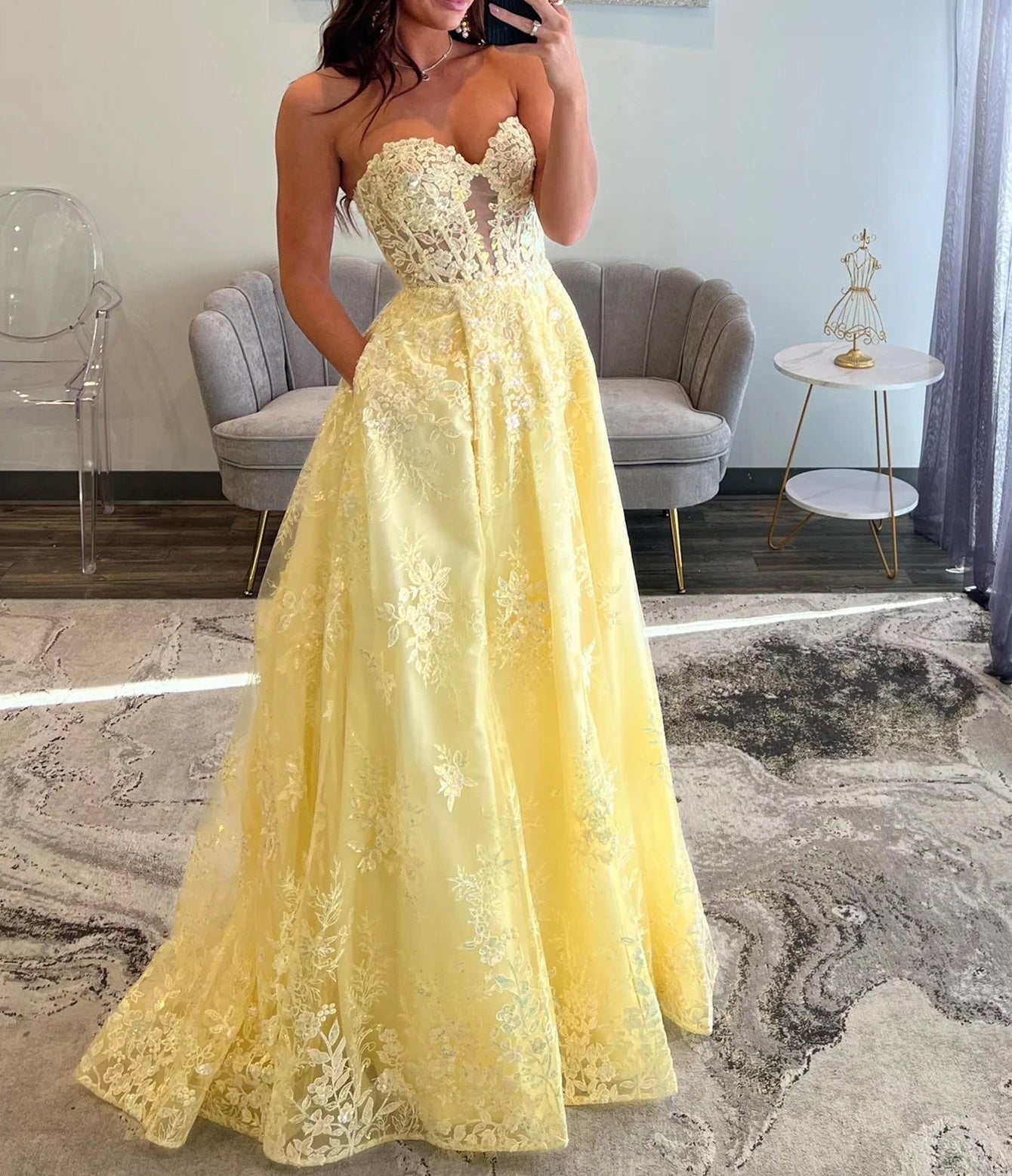 Lace Embroidery Cut Out Ball Gown Prom Dress With Pocket - Yellow