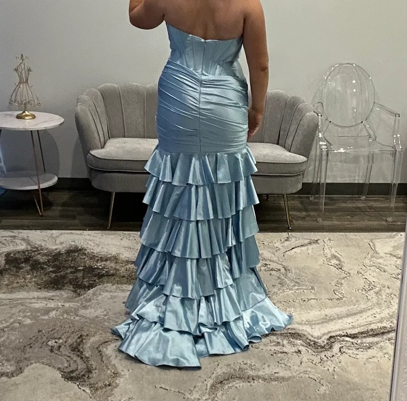 Boned Bodice Strapless Mermaid Prom Dress With Ruffle - Sky Blue