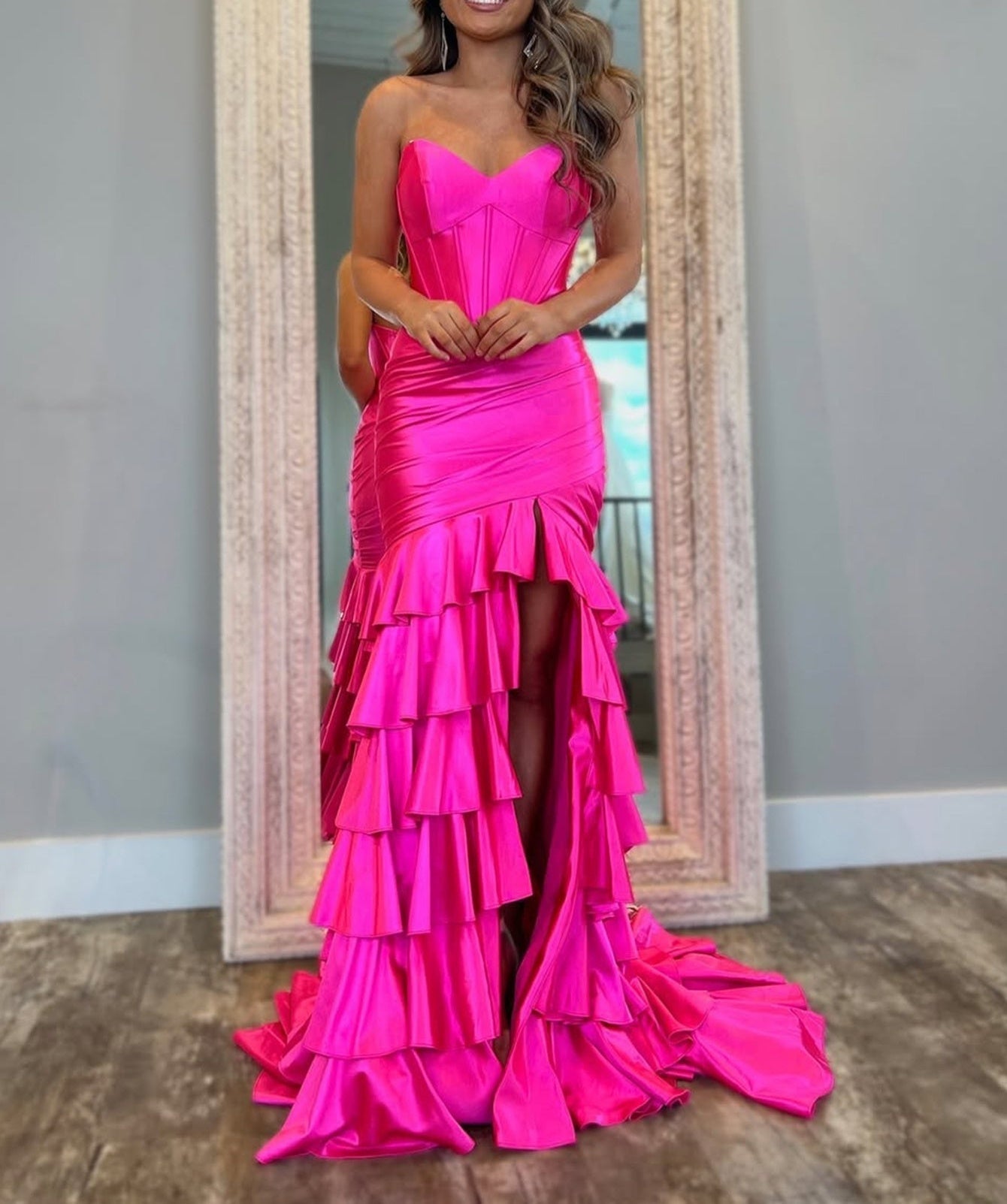 Boned Bodice Strapless Mermaid Prom Dress With Ruffle - Hot Pink