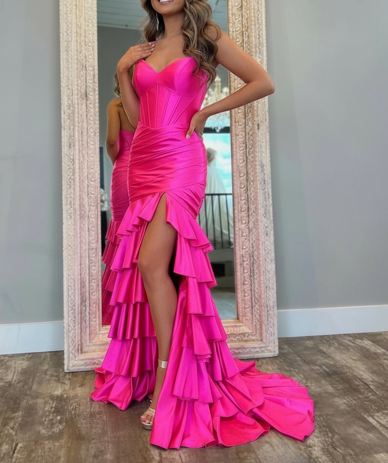 Boned Bodice Strapless Mermaid Prom Dress With Ruffle - Hot Pink