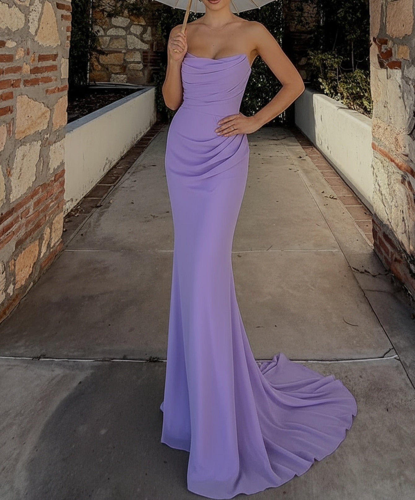Strapless Ruched Bust Mermaid Long Prom Dress - Lilac