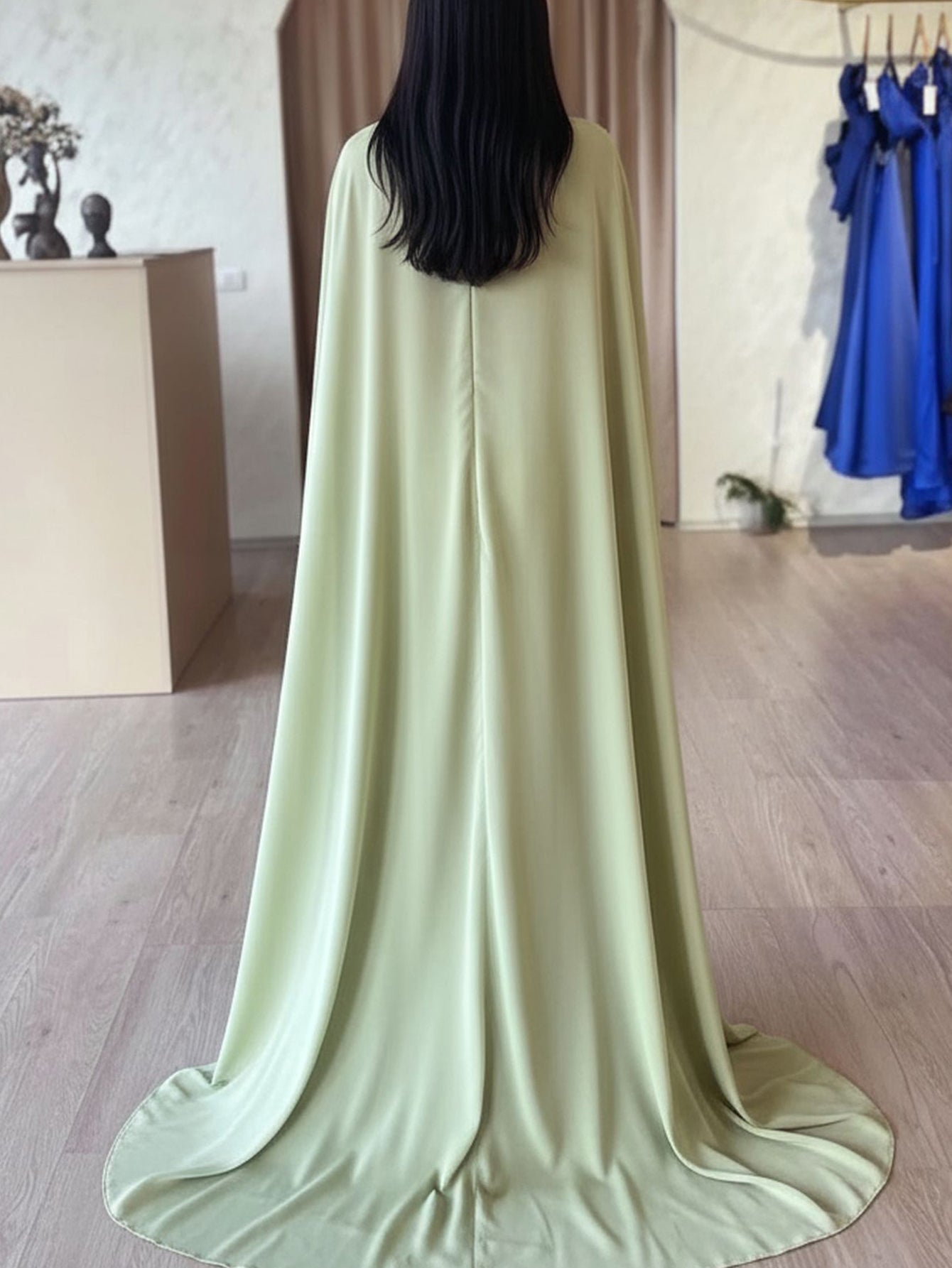Crystal Sheath Long Prom Dress With Shawl - Sage Green