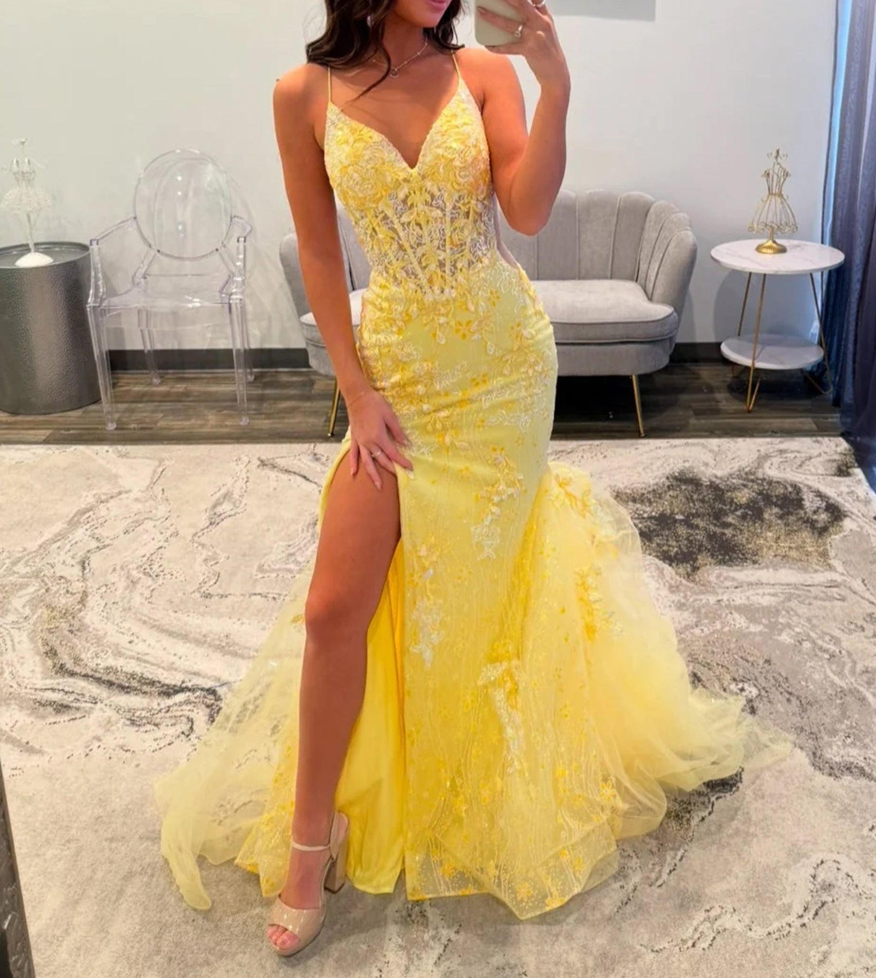 Lace Embroidery Illusion Mermaid Long Prom Dress - Yellow