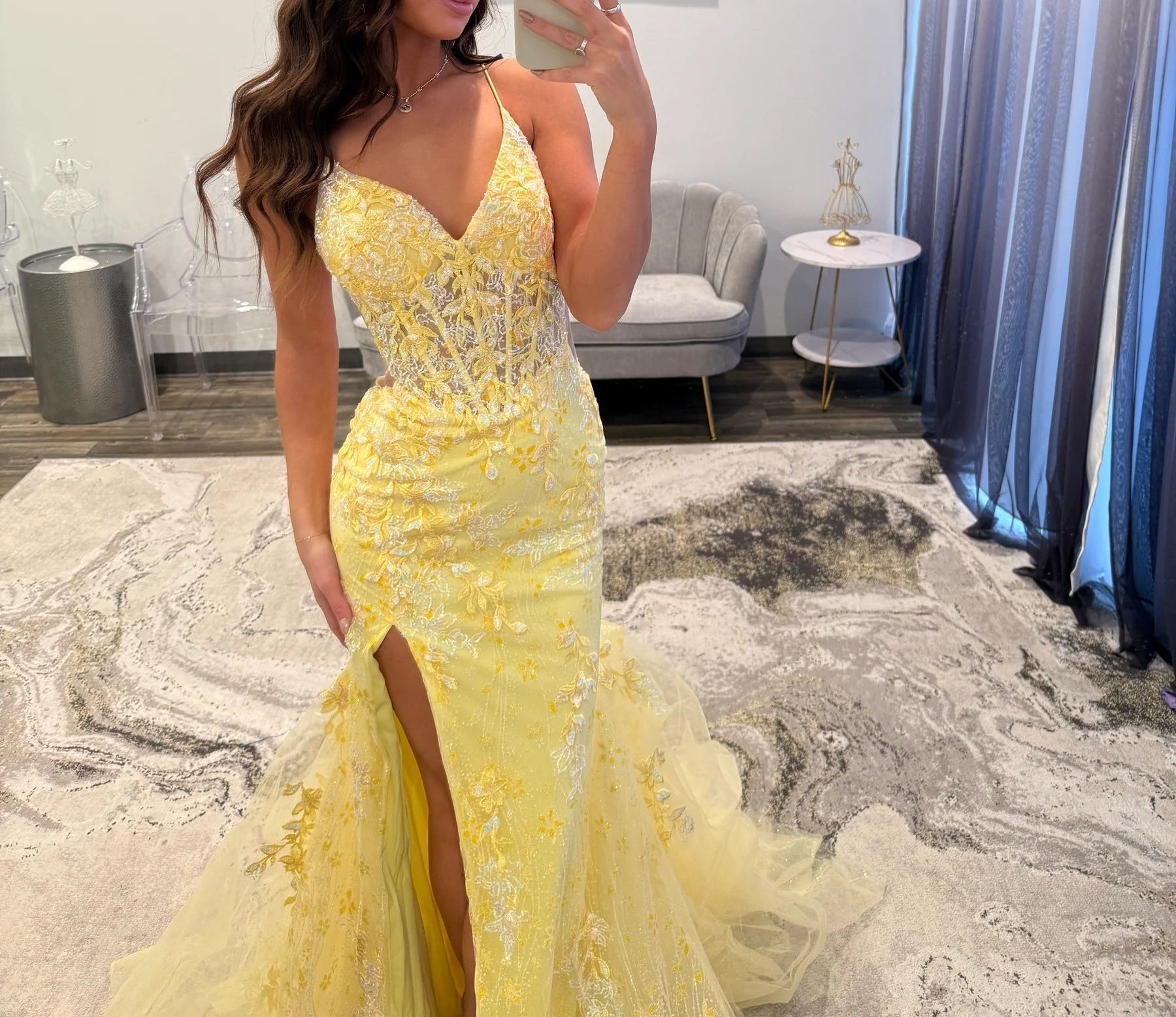 Lace Embroidery Illusion Mermaid Long Prom Dress - Yellow