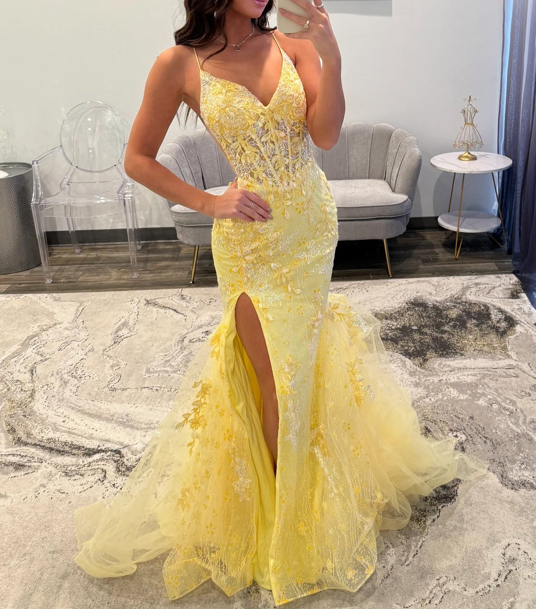 Lace Embroidery Illusion Mermaid Long Prom Dress - Yellow