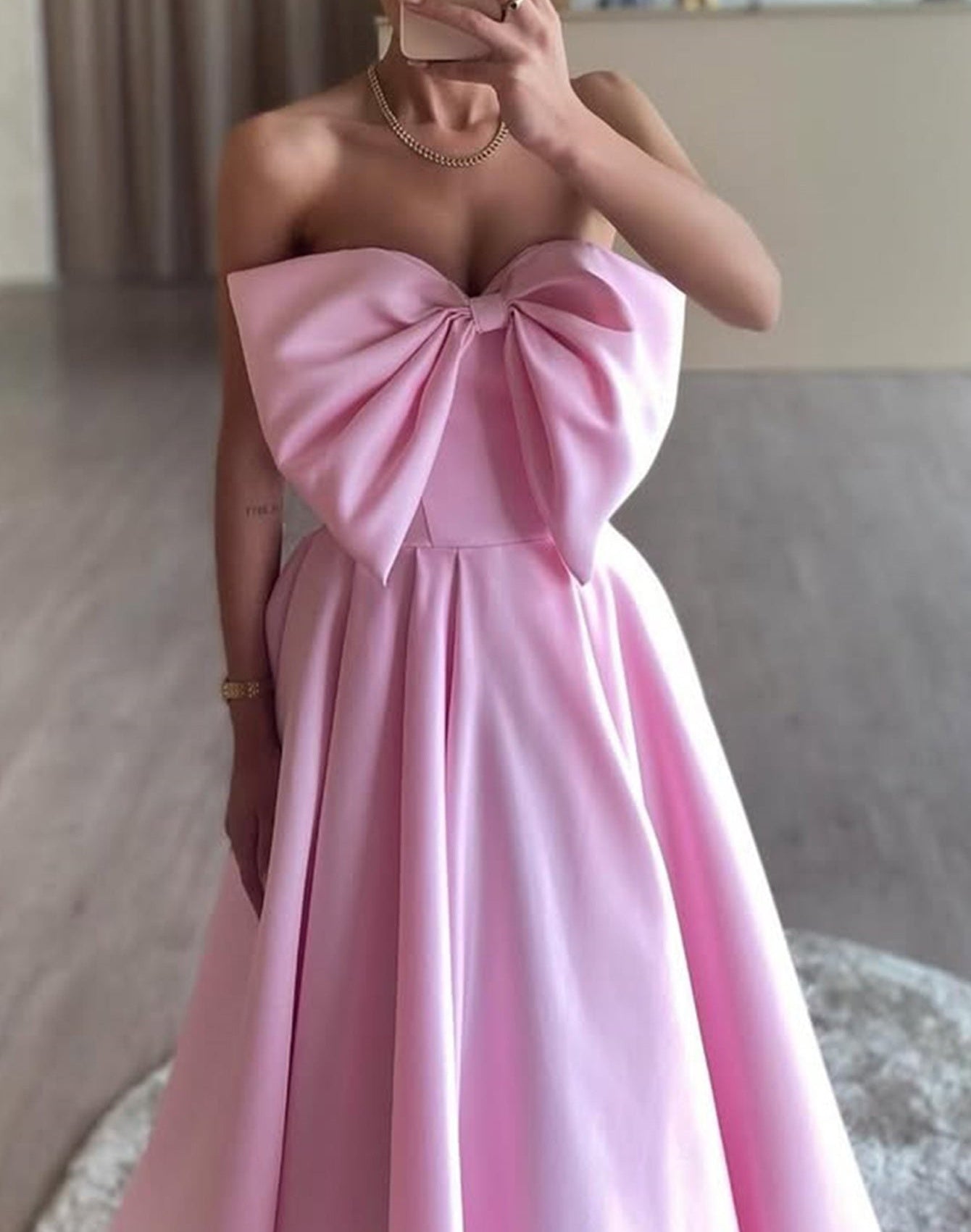Big Bow Strapless Ball Gown Prom Dress - Pink