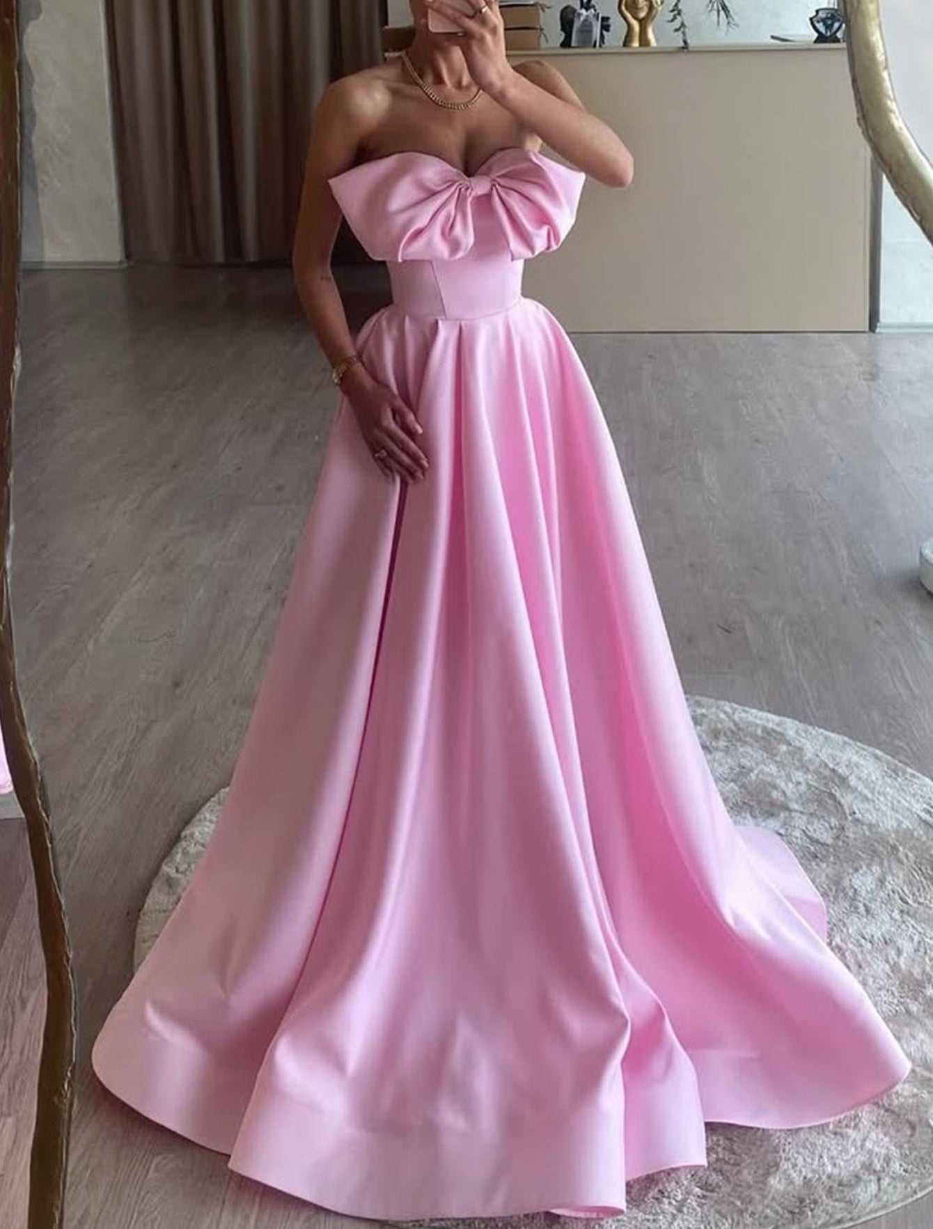 Big Bow Strapless Ball Gown Prom Dress - Pink