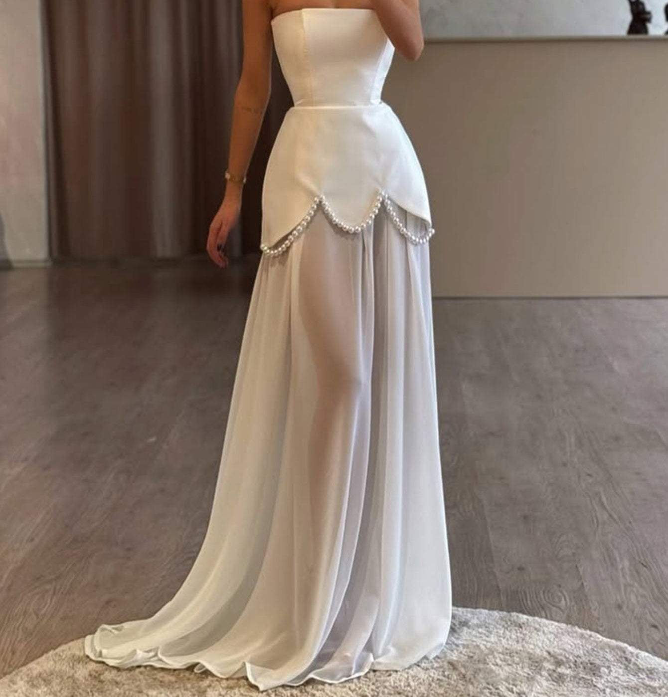 Hand Beading Strapless Two Pieces Pearl Prom Dress With Shawl - White
