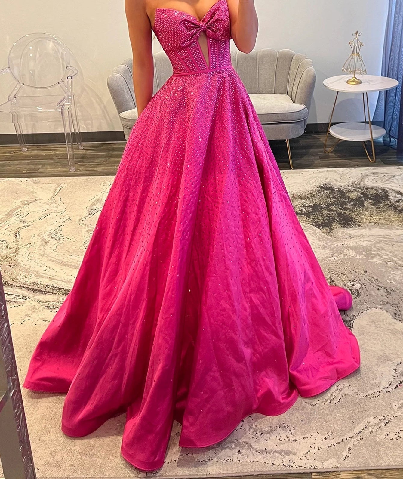 Bow Cut Front Bodice Crystal Ball Gown Prom Dress With Pockets - Hot Pink