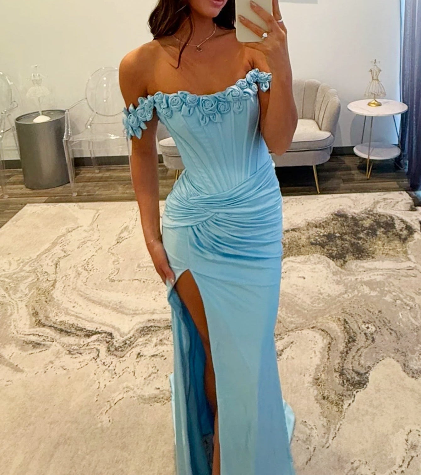 3D Rose Off Shoulder Pleated Mermaid Prom Dress - Baby Blue