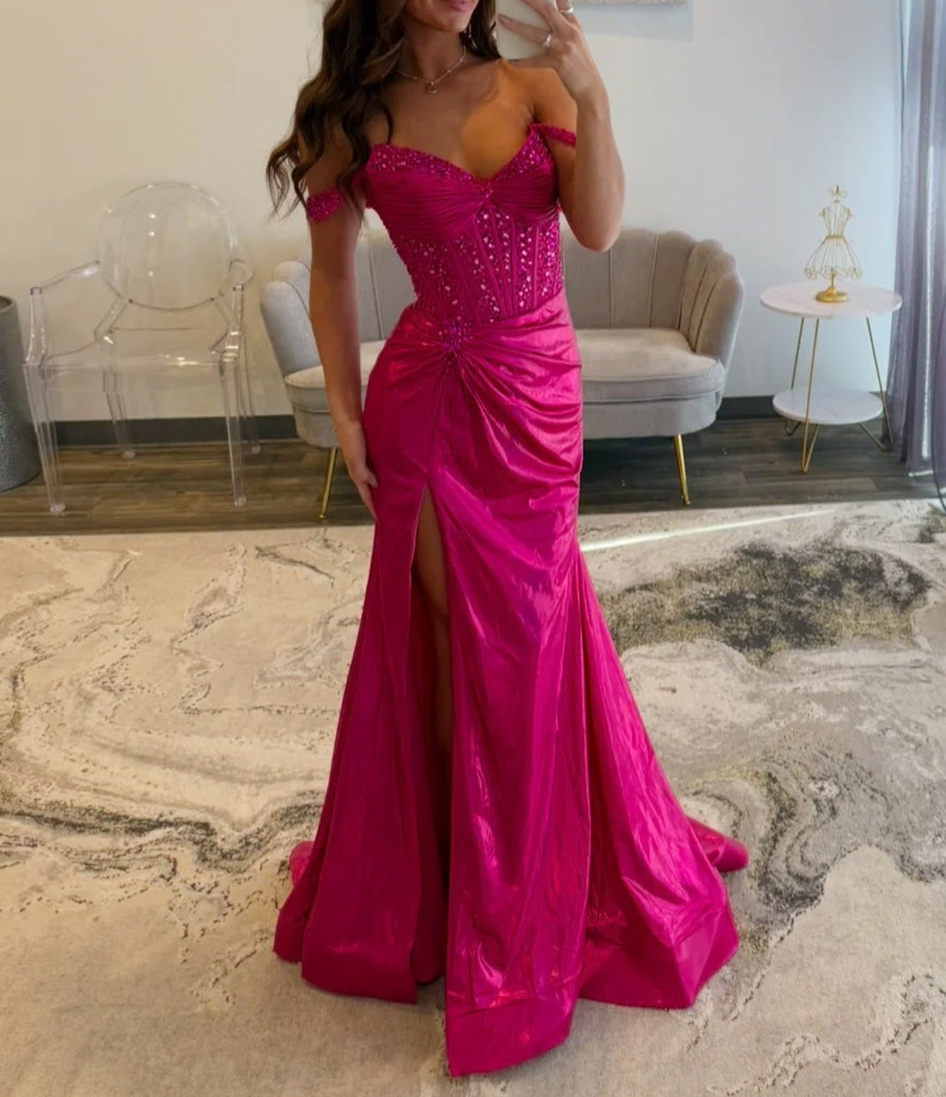 Crystal Boned Off Shoulder Mermaid Prom Dress - Fuchsia