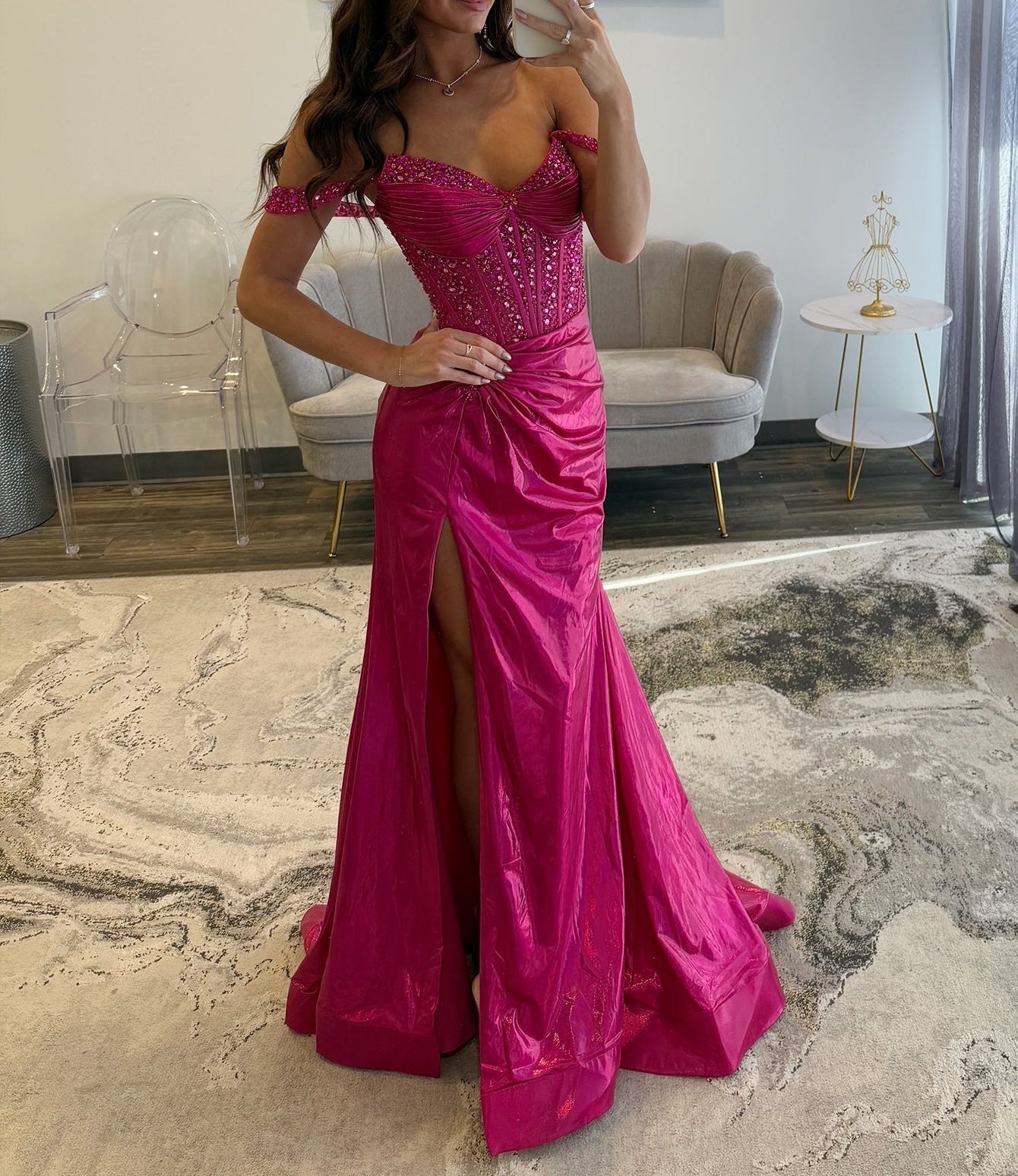 Crystal Boned Off Shoulder Mermaid Prom Dress - Fuchsia