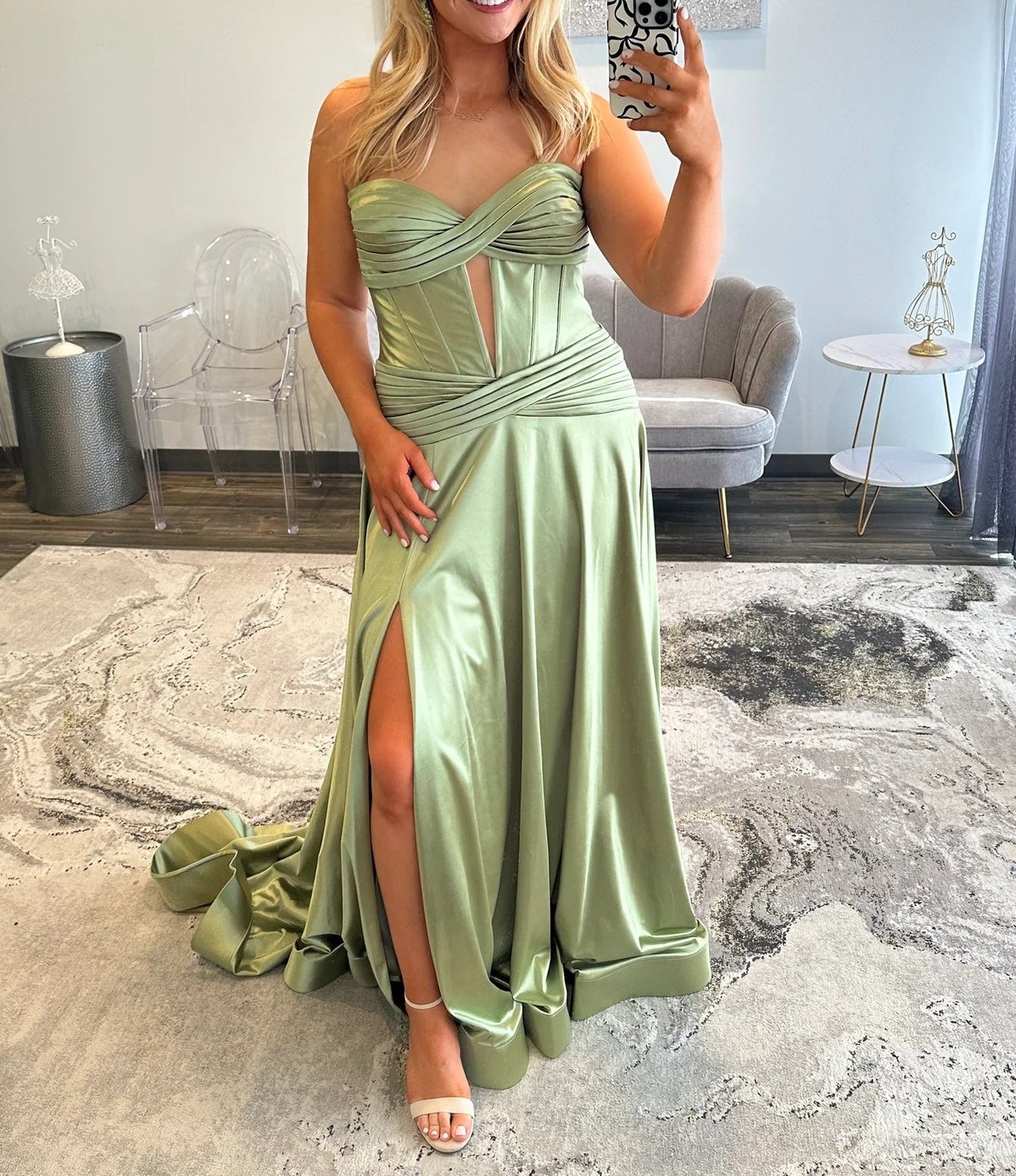 Pleated A-Line Cut Front Long Prom Dress - Sage Green