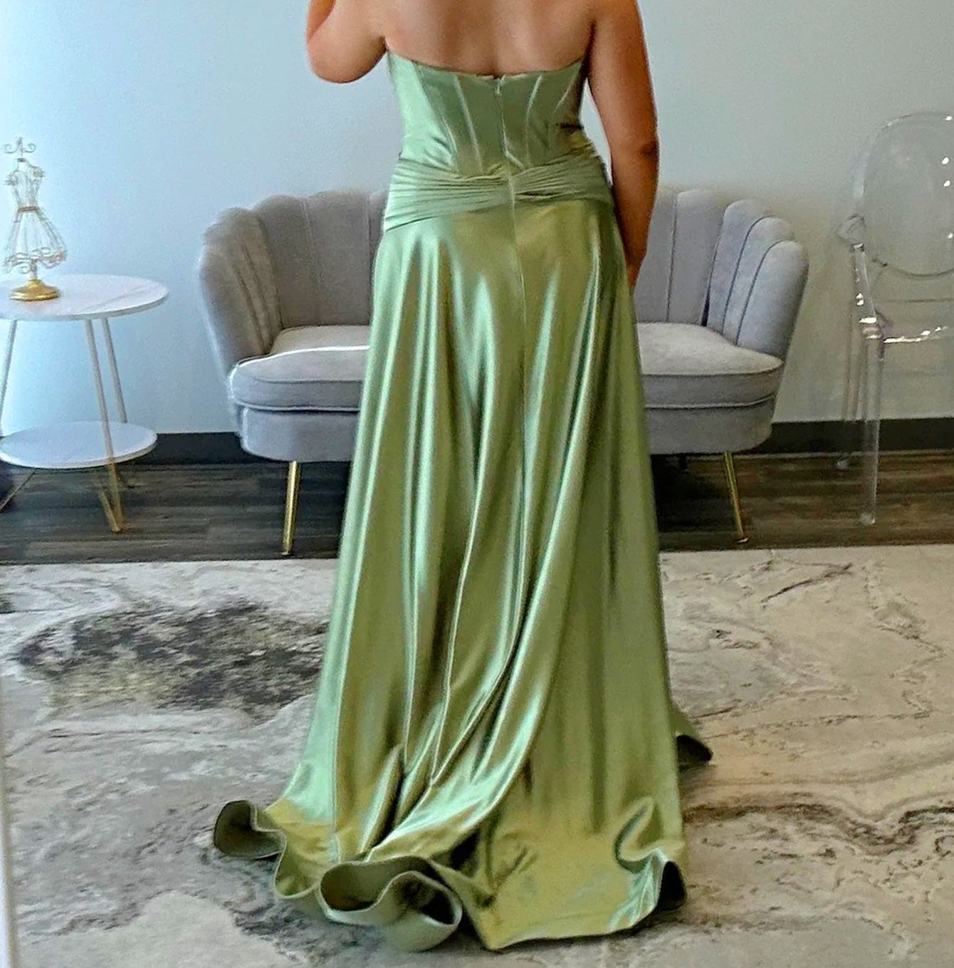 Pleated A-Line Cut Front Long Prom Dress - Sage Green